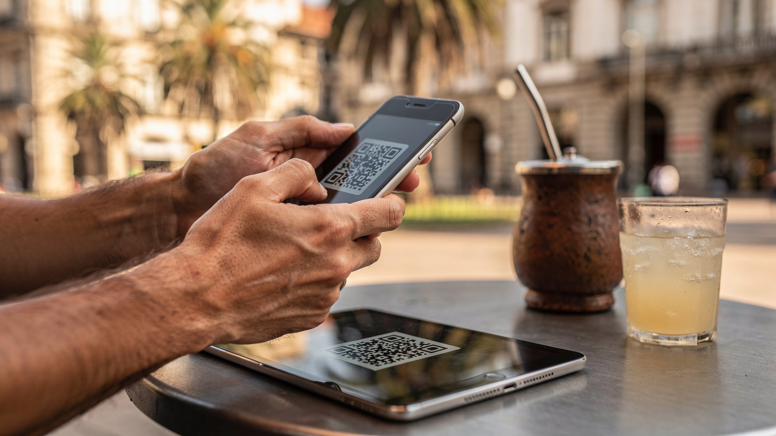 Manos de un viajero sosteniendo un móvil moderno, escaneando un código QR en una tableta en una plaza soleada de Montevideo, con una bebida local y palmeras de fondo.