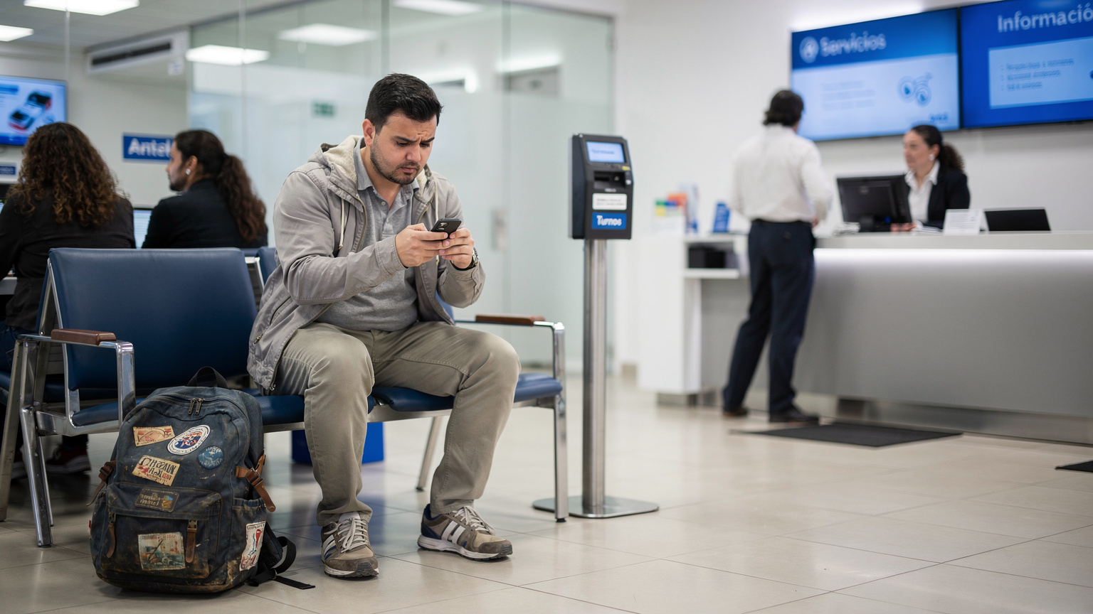 Un viajero con su mochila descansando en un banco dentro de una sucursal moderna de Antel en Montevideo, consultando su móvil con carteles informativos de tarifas en el fondo.