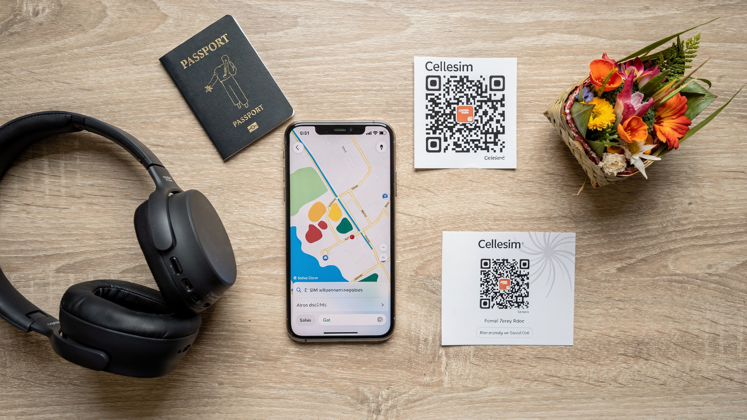 An overhead flat-lay shot of travel essentials on a light wooden table: a passport, a smartphone displaying a map app, a Cellesim eSIM QR code printout, noise-cancelling headphones, and a small, colourful Balinese offering (Canang Sari) in the corner, representing the local culture.