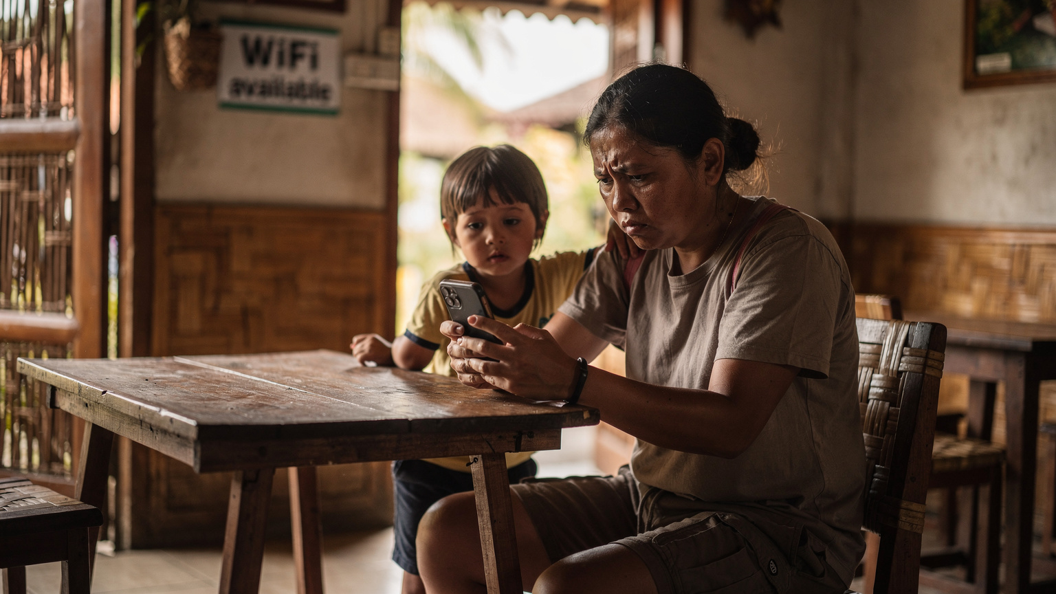 A worried parent, holding a smartphone, looking at the screen with a furrowed brow, while a child tugs at their shirt in the background, looking bored. They are standing near a 'WiFi available' sign in a small, rustic Balinese cafe, suggesting connectivity issues.