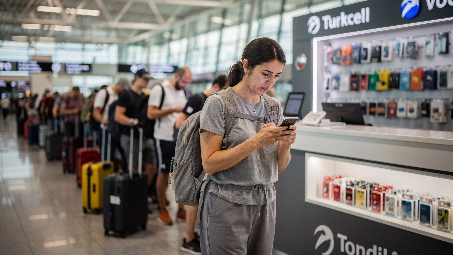 A woman traveller with a backpack looks visibly frustrated, checking her phone and sighing, while standing in a long, slow-moving queue at a mobile operator's kiosk inside Istanbul Airport's international arrivals hall, surrounded by other weary travellers with luggage.
