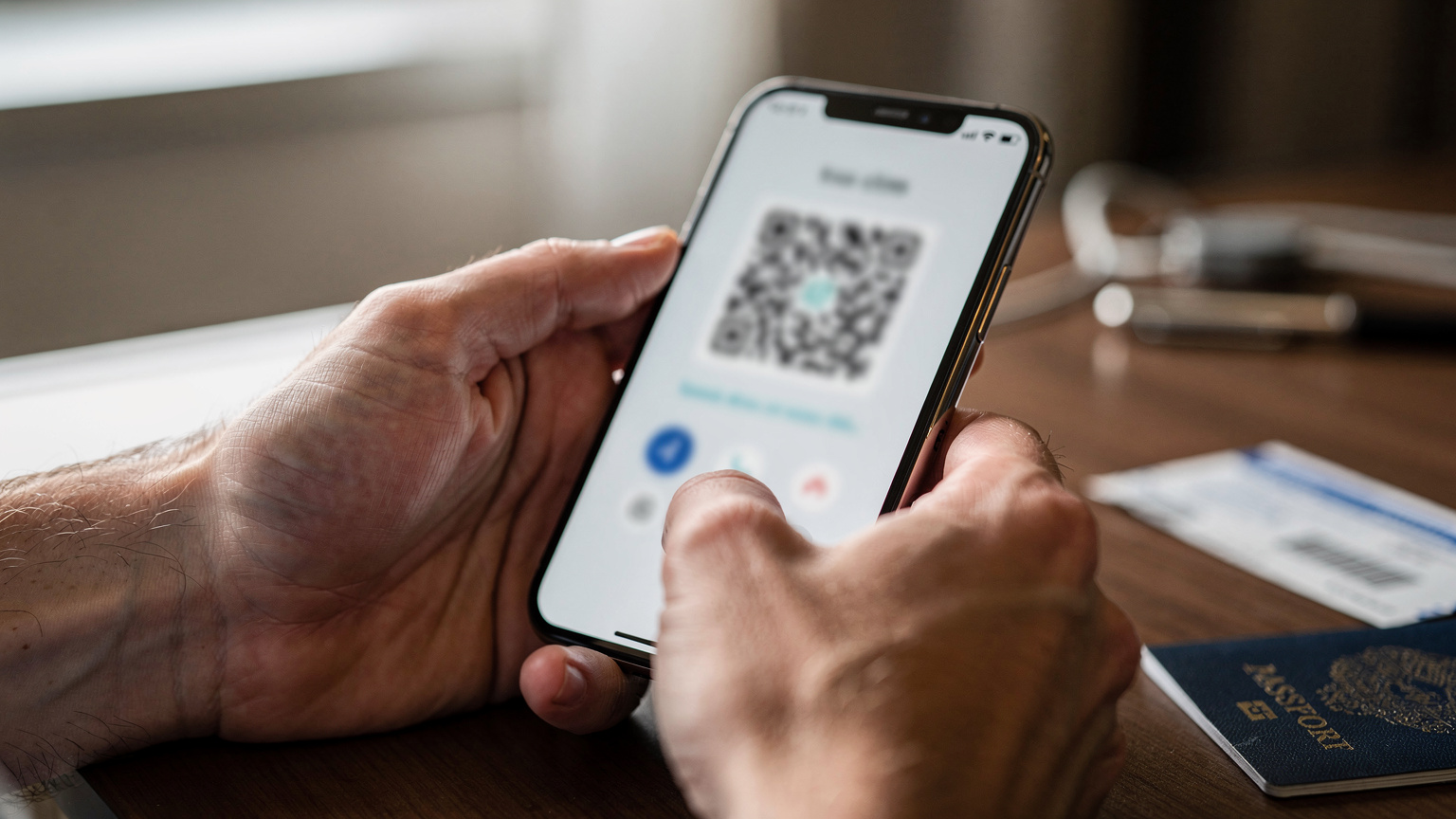Gros plan sur des mains installant une eSIM sur un smartphone, avec un QR code affiché à l'écran, dans un environnement de voyage.