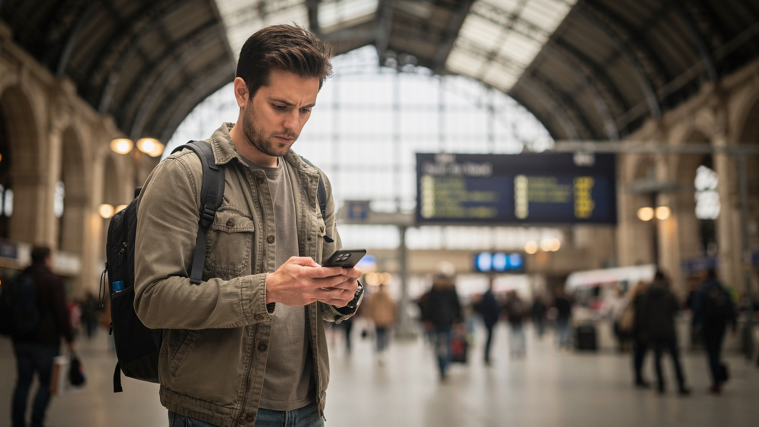 Un voyageur consulte des informations sur son smartphone, cherchant une connexion fiable dans le hall animé de la Gare du Nord à Paris.