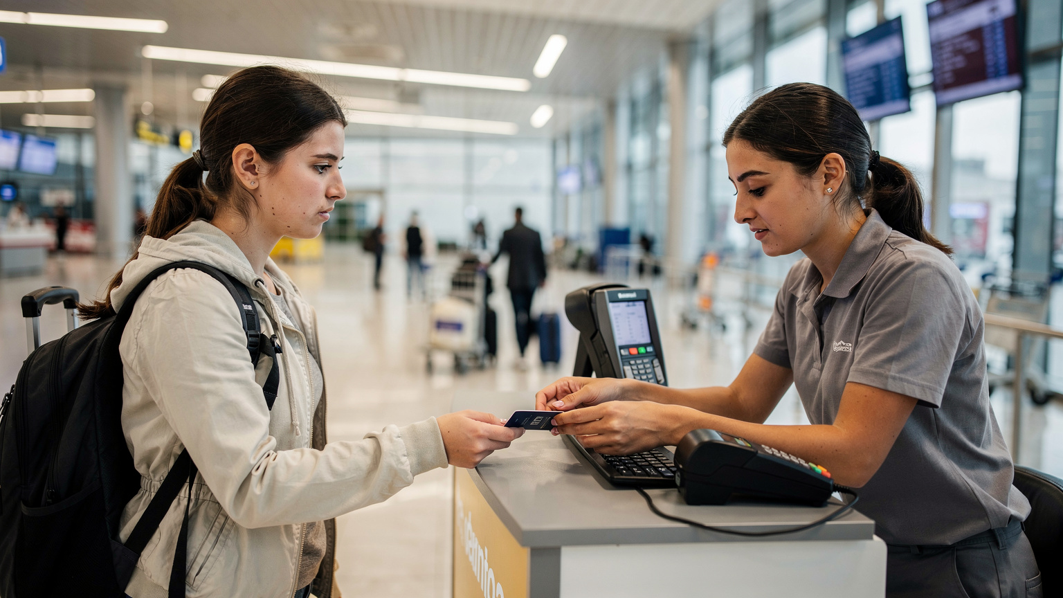 En kvinna visar sitt pass för en butiksanställd vid en mobiloperatörsdisk på Tirana International Airport, i färd med att köpa ett lokalt SIM-kort.