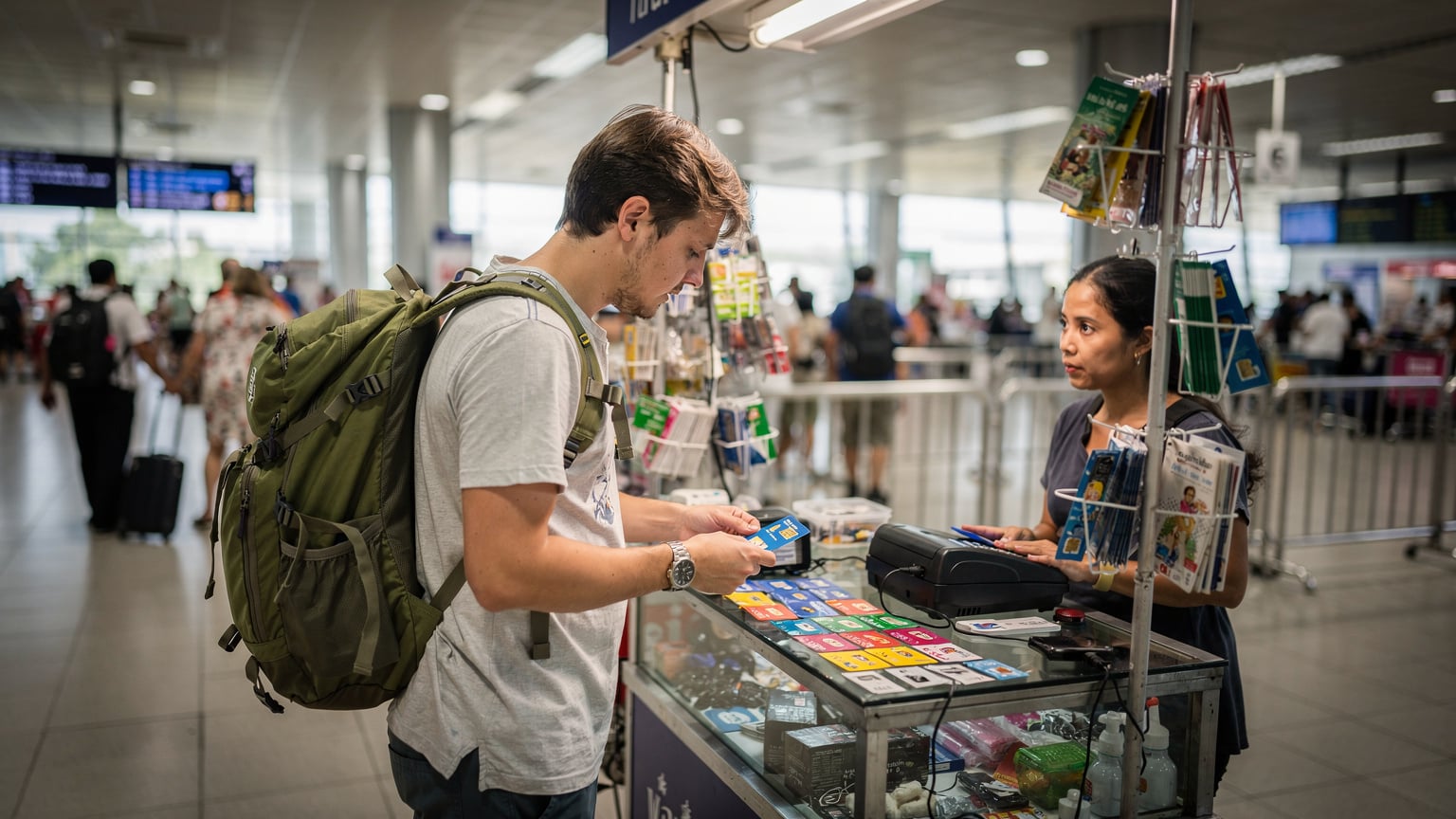 Bangkok'taki Don Mueang Havalimanı'nın geliş terminalinde, bir seyyar satıcıdan yerel SIM kart satın almaya çalışan genç bir gezgin. Etrafta kalabalık, bavullar ve tabelalar var.