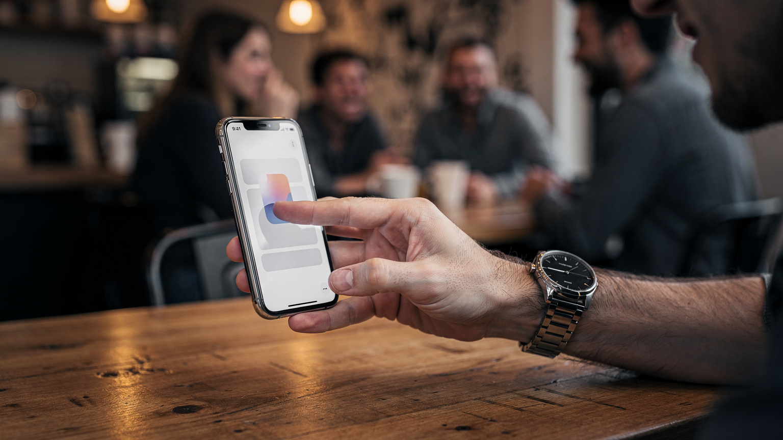 Bir kafenin ahşap masasında, genç bir adamın elleriyle iPhone'unun ekranına dokunduğu yakın çekim. Telefon ekranında eSIM kurulum adımları belirgin, ancak okunamayan metinler var. Arkadaşları bulanık bir şekilde sohbet ediyor.