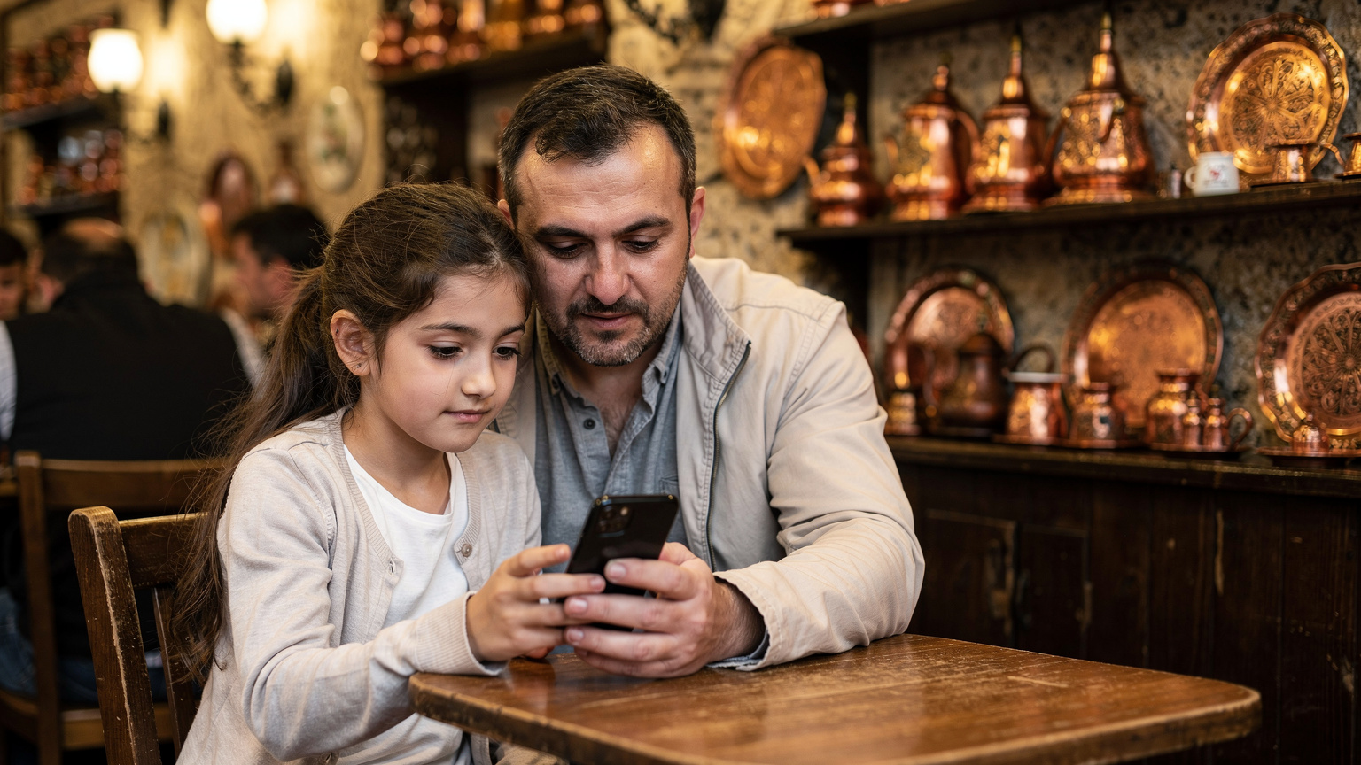 Ein Vater hilft seiner Tochter im Alter von 9 Jahren, eine App auf ihrem Smartphone in einem belebten Café in Sarajevo, Bosnien-Herzegowina, zu installieren, während im Hintergrund traditionelle Kupferwaren zu sehen sind.