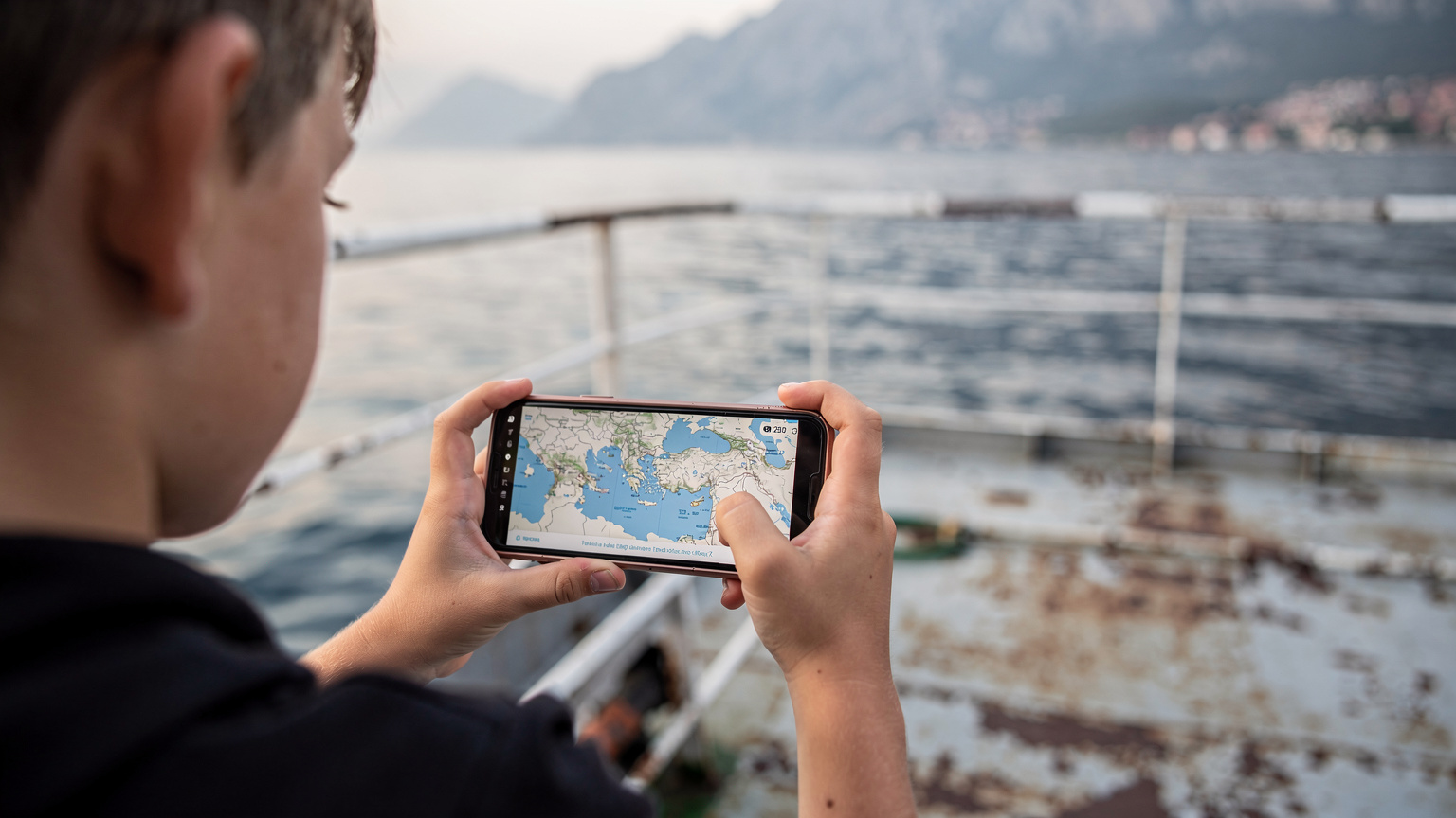Ein Kind hält ein Smartphone in der Hand, auf dem eine Karte der Balkanregion angezeigt wird, während es im Hintergrund auf einer Fähre über die Adria fährt, die Küste ist im Dunst zu sehen.