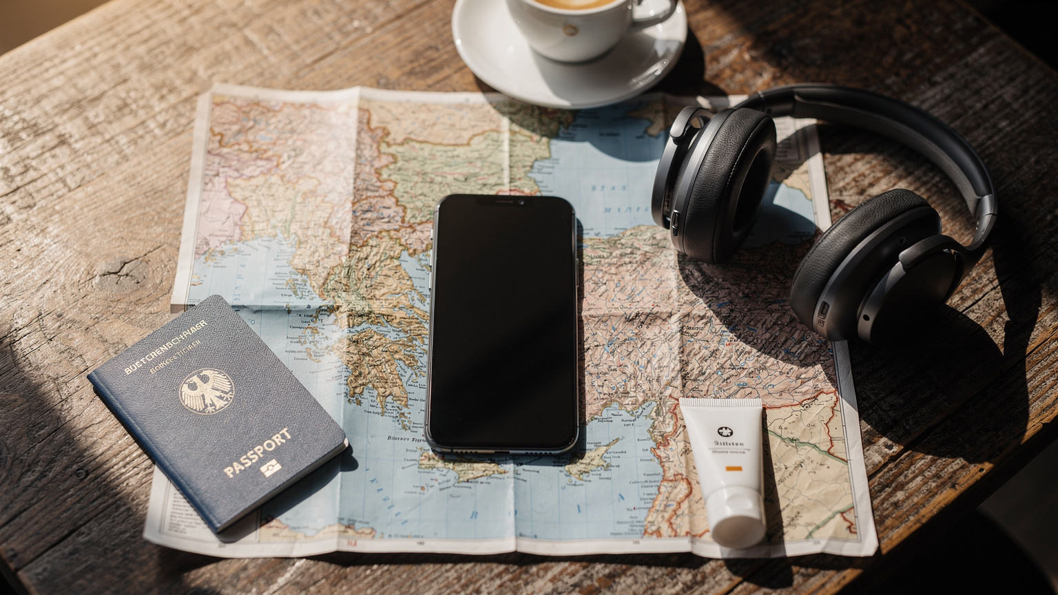 Ein Smartphone liegt auf einer Landkarte des Balkans, umgeben von einem Reisepass, Kopfhörern und einer kleinen Flasche Sonnencreme, auf einem Holztisch in einem Café.