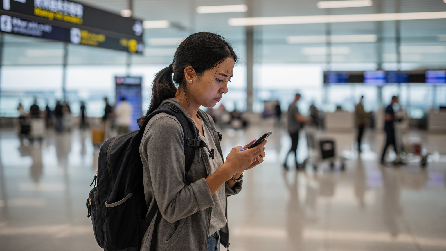 공항 대합실에서 스마트폰을 들여다보며 난처한 표정을 짓는 여행객의 옆모습. 화면에는 '서비스 없음' 메시지가 떠 있는 듯하다.