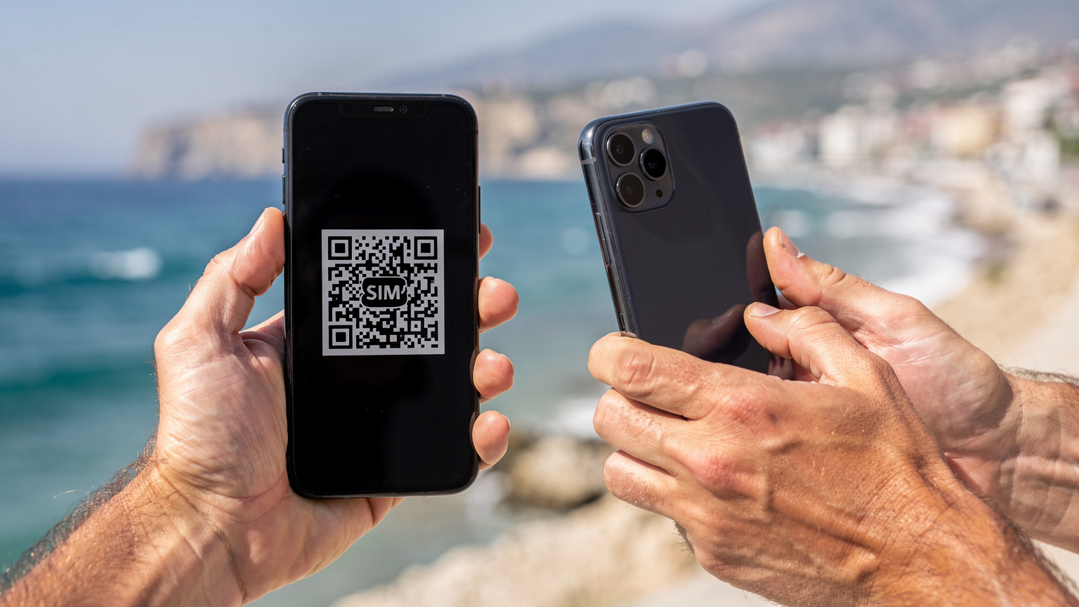 Крупний план рук, що тримають смартфон з відображеним на екрані QR-кодом eSIM, який сканується іншим пристроєм на тлі розмитого турецького узбережжя.