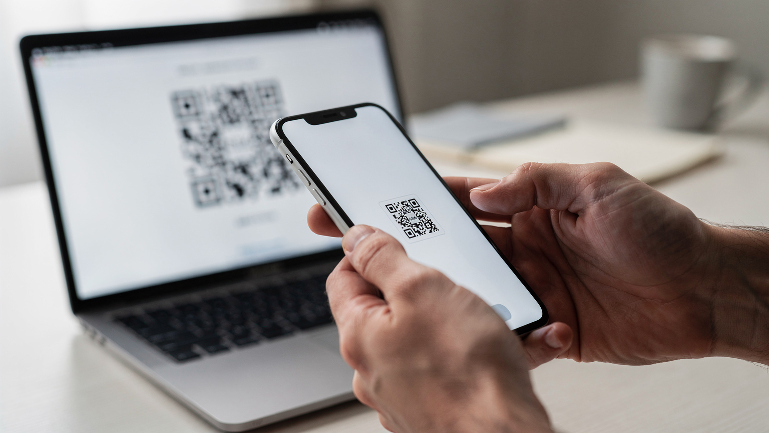 Ein Detailfoto zeigt eine Person, die mit beiden Händen ein Smartphone hält und einen QR-Code auf einem Bildschirm scannt, um eine eSIM zu aktivieren.