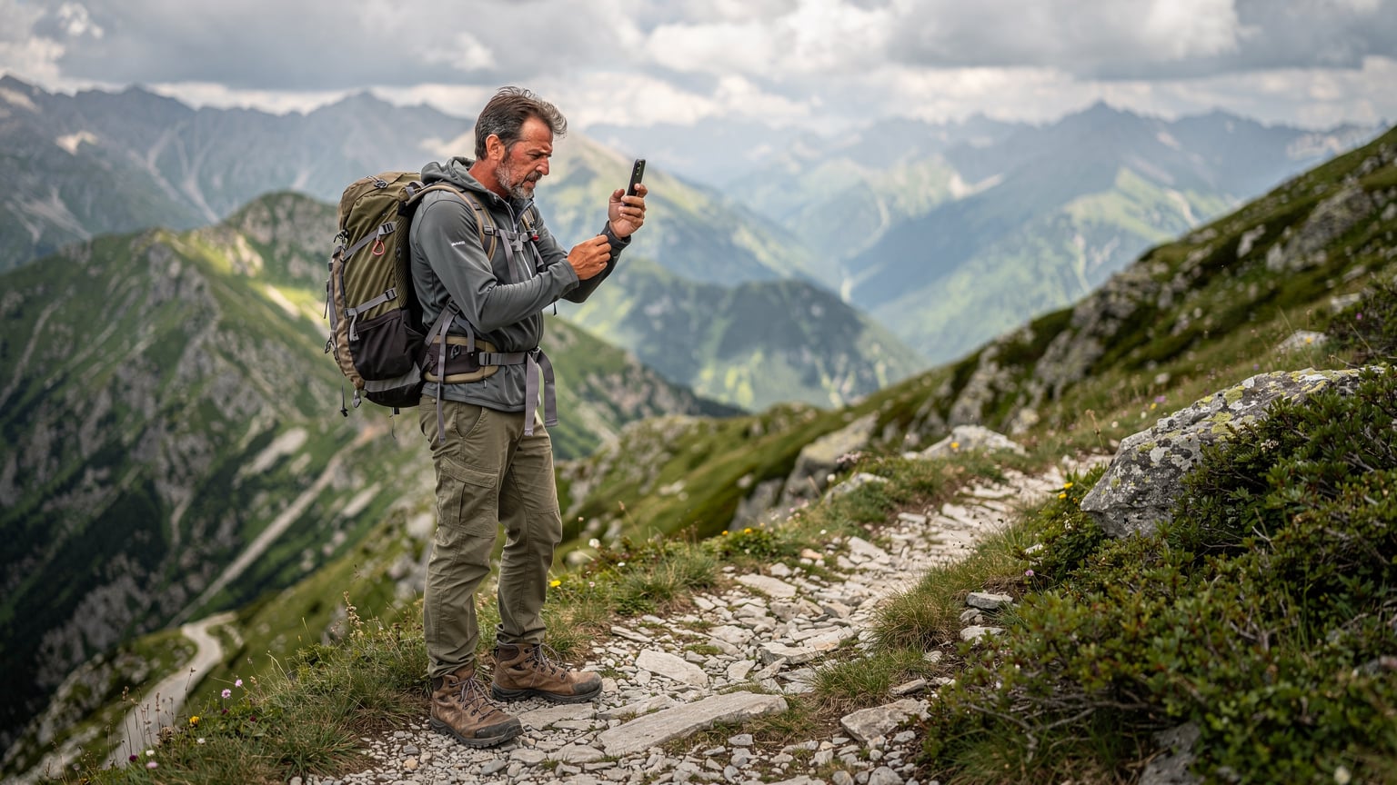 Ein Reisender versucht, in einer abgelegenen Bergregion Nordmazedoniens mit seinem Smartphone eine Verbindung herzustellen, während er besorgt auf den Bildschirm blickt.