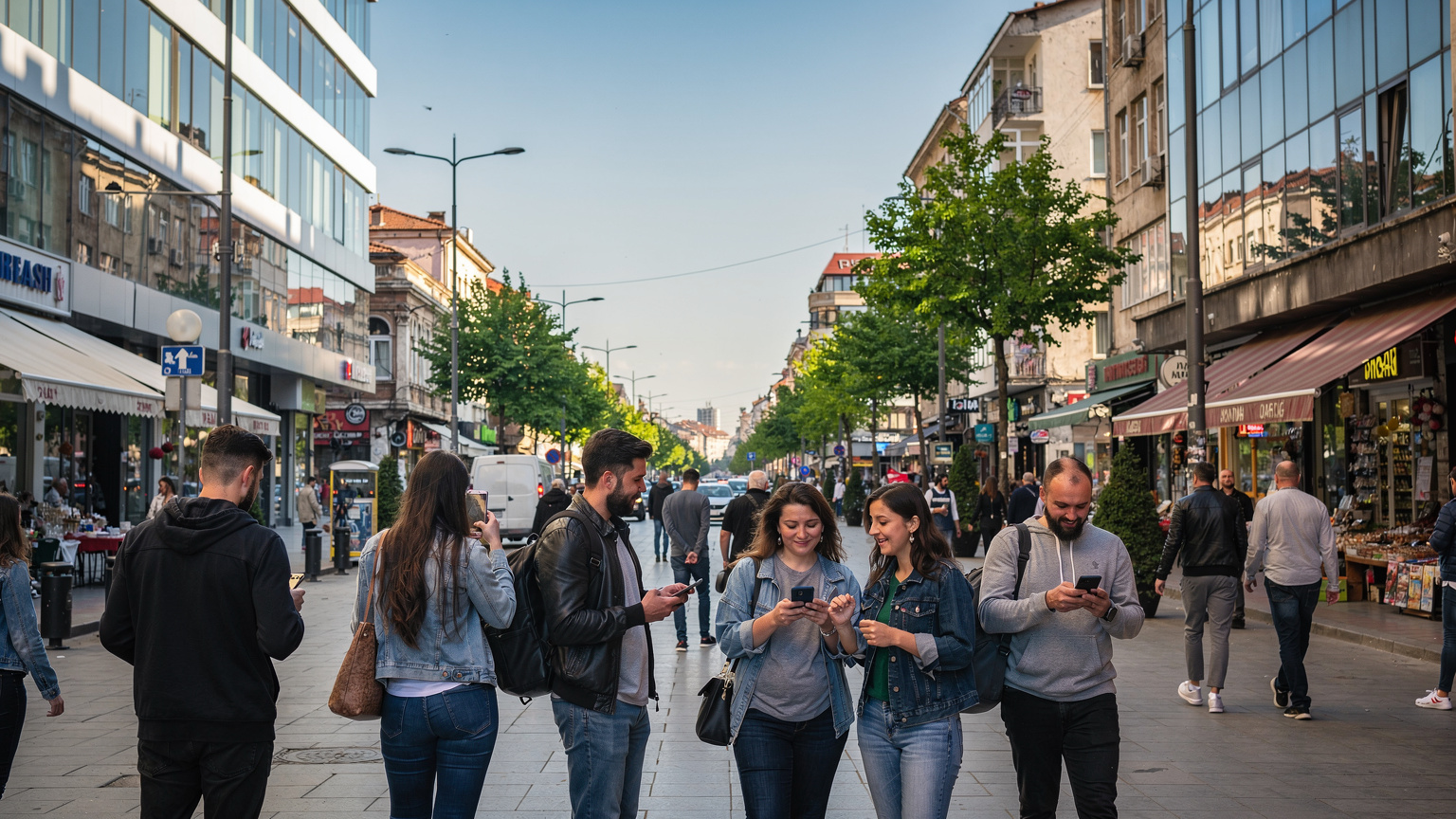 Eine belebte Straße in Skopje, Nordmazedonien, mit modernen Gebäuden und lokalen Geschäften, während Menschen ihre Smartphones nutzen.