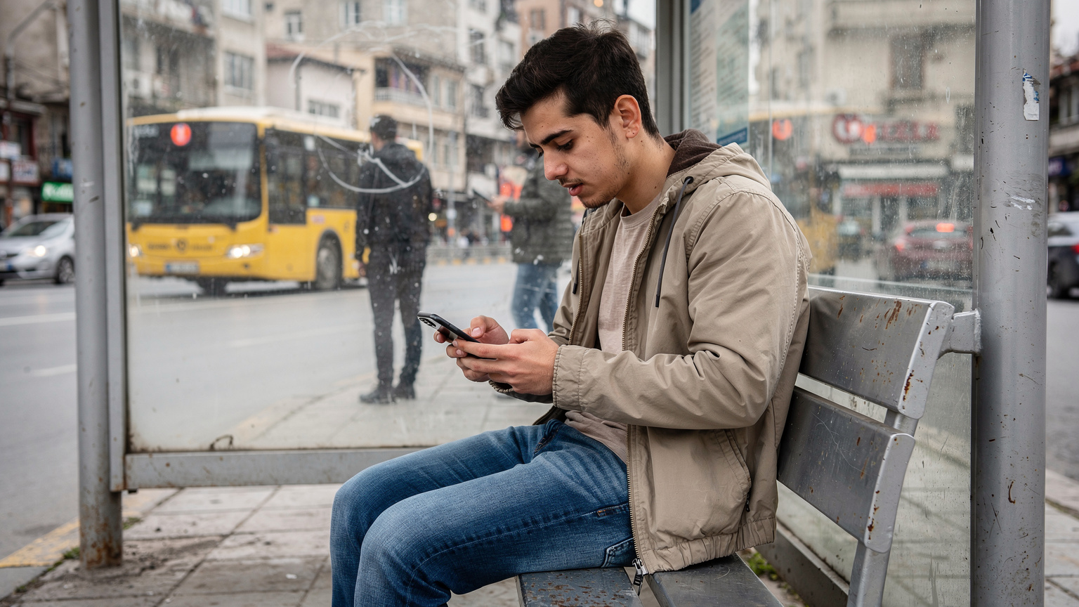 Un tânăr își verifică ruta pe telefon, în timp ce este așezat pe o bancă într-o stație de autobuz aglomerată din Kadıköy, Istanbul, cu un autobuz municipal trecând în fundal.