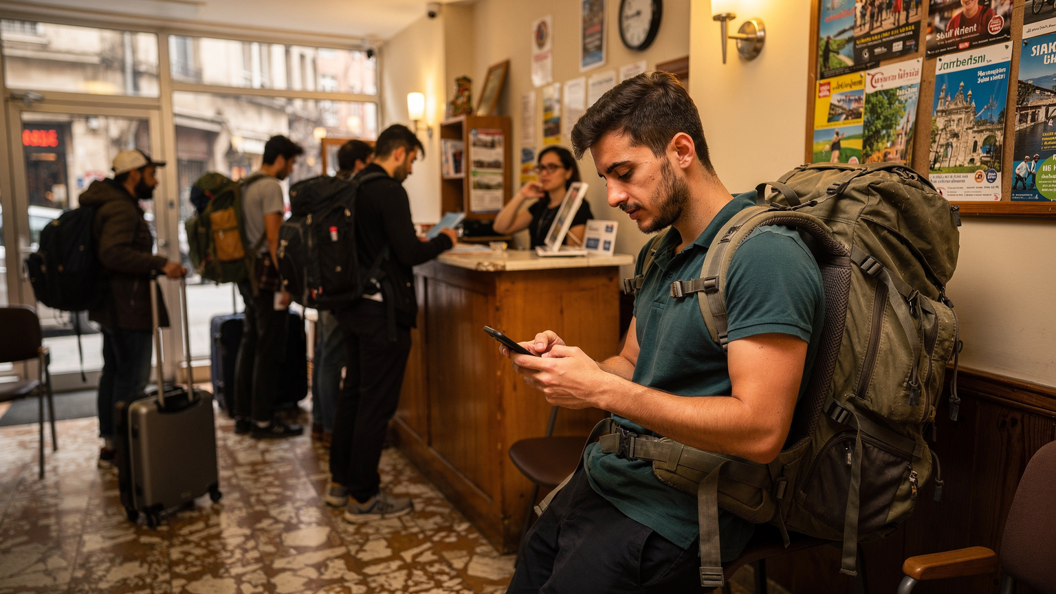 Un călător își activează eSIM-ul pe telefon în timp ce așteaptă la coada pentru check-in într-un hostel aglomerat din districtul Beyoğlu, Istanbul.