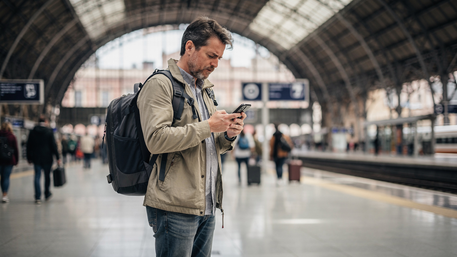 Un uomo con uno zaino è in piedi alla stazione della metropolitana di Atocha a Madrid, guardando il suo telefono con un'espressione confusa, il suo treno sembra in ritardo o cancellato.
