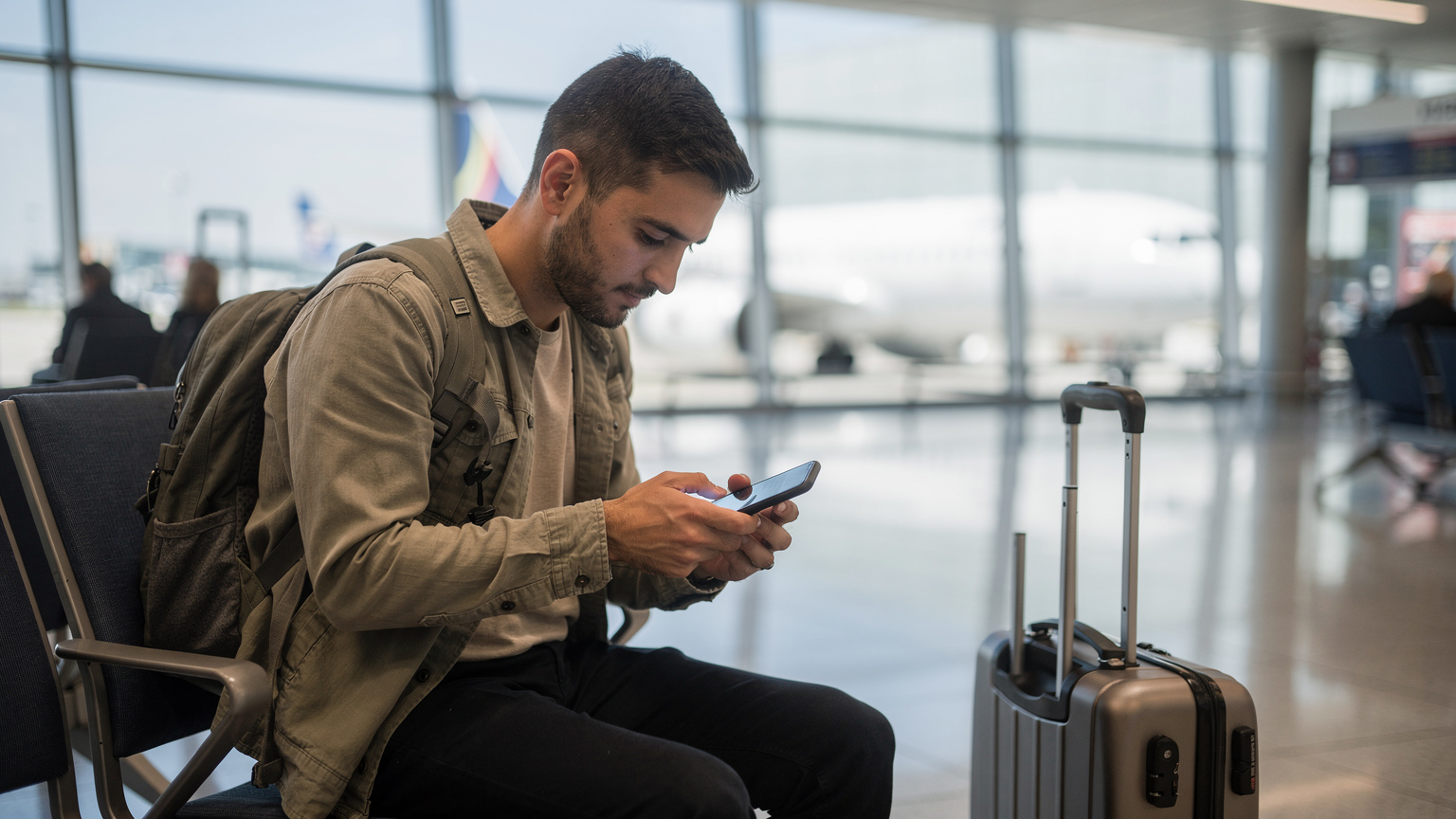 Un viaggiatore sta installando una eSIM sul suo smartphone mentre attende al Gate D41 dell'Aeroporto di Milano Malpensa, con la sua valigia a mano accanto a sé.