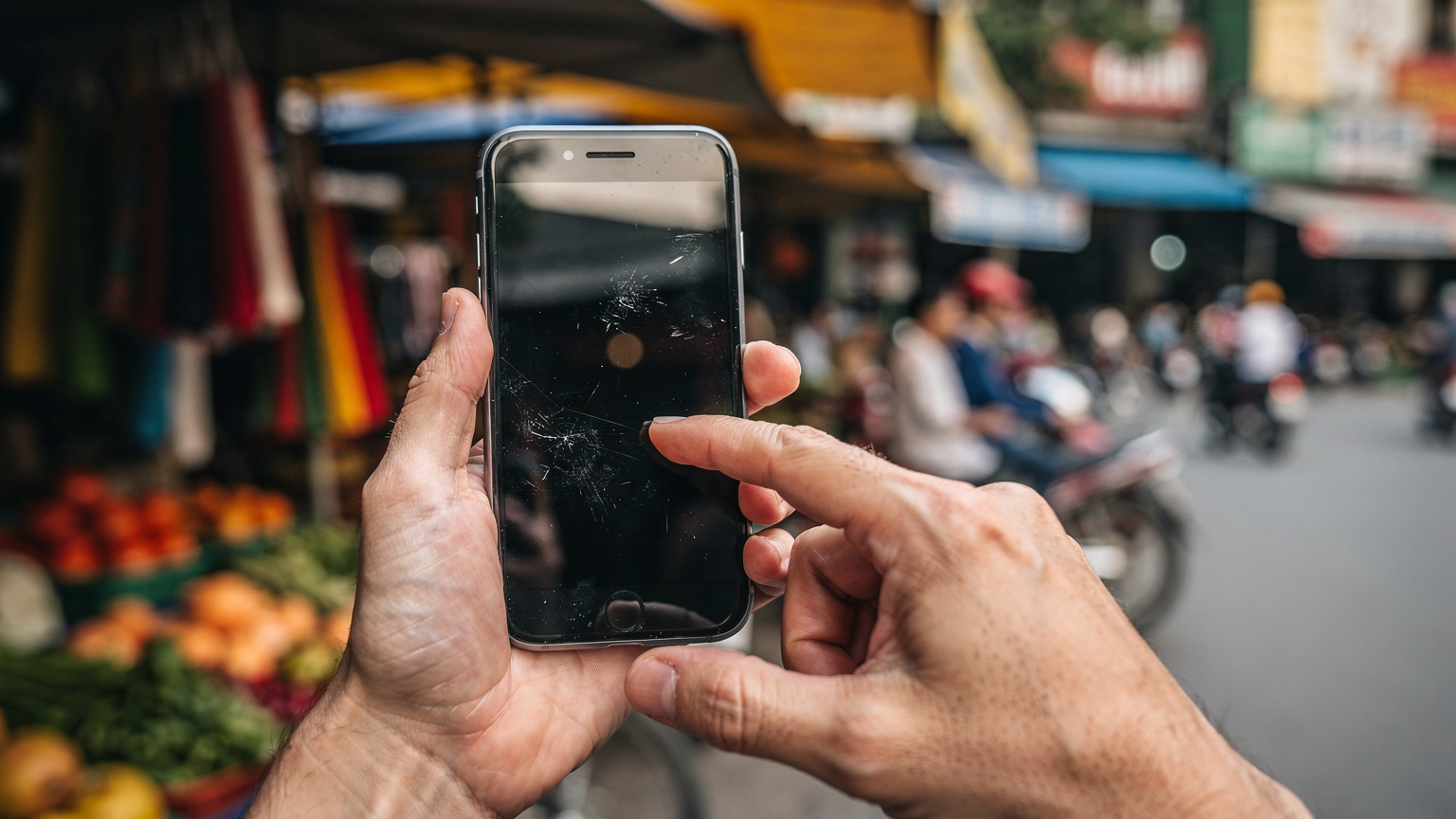 Un primo piano delle mani di una persona che tiene uno smartphone e tocca lo schermo, con lo sfondo sfocato di un mercato affollato a Hanoi, Vietnam.