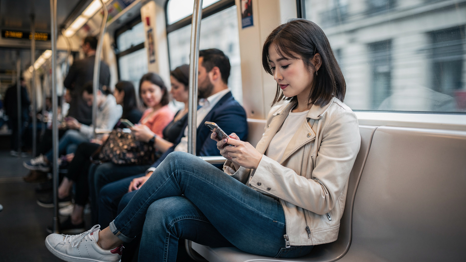 パリのメトロ車内でスマートフォンを操作する日本人旅行者。地下鉄内でもeSIMがあれば安定した通信を期待できる。