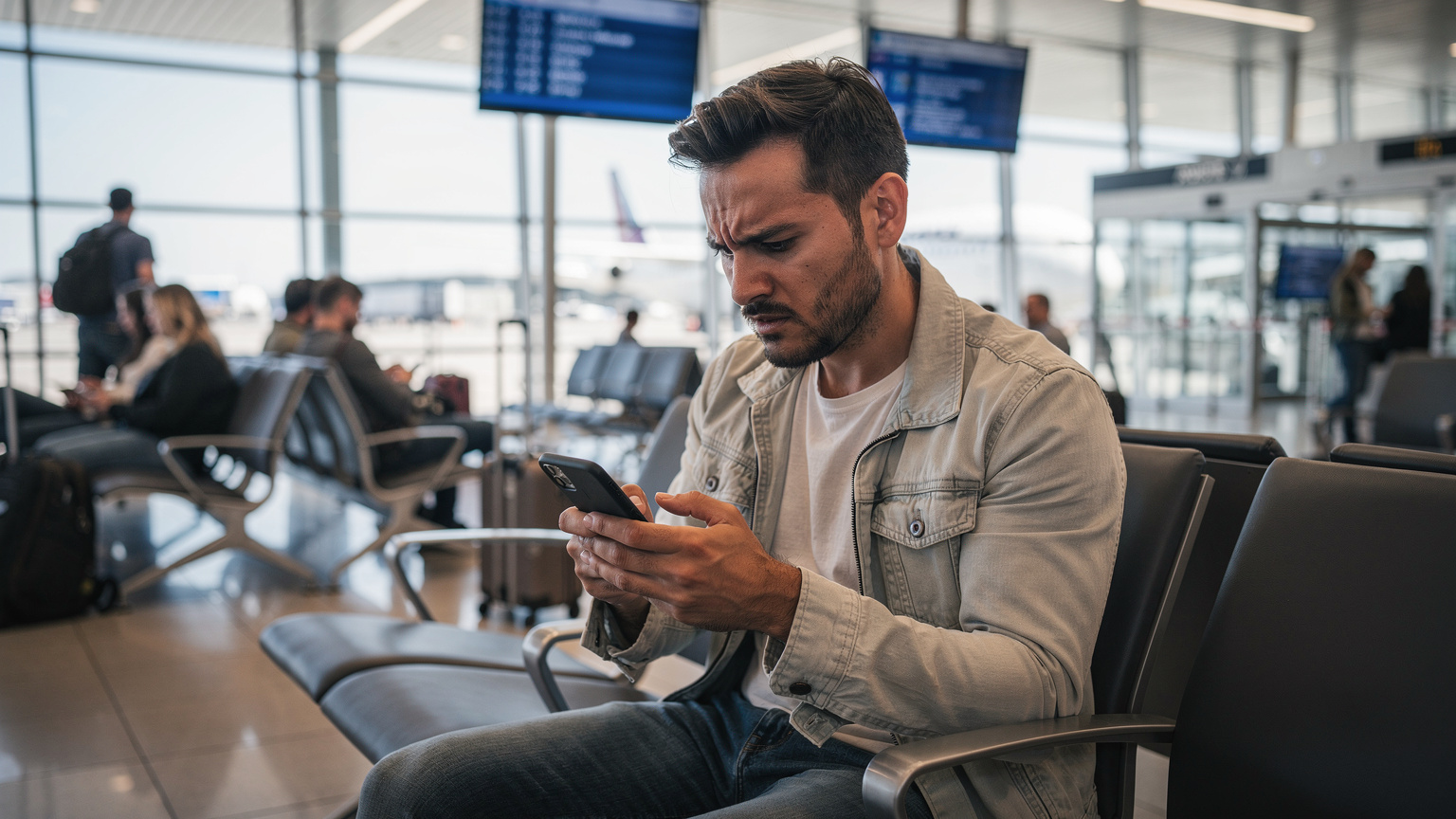A traveler looks frustrated at their smartphone in a crowded airport lounge, a common scene when connectivity issues arise. The boarding gate for a flight to Paris is visible in the background.
