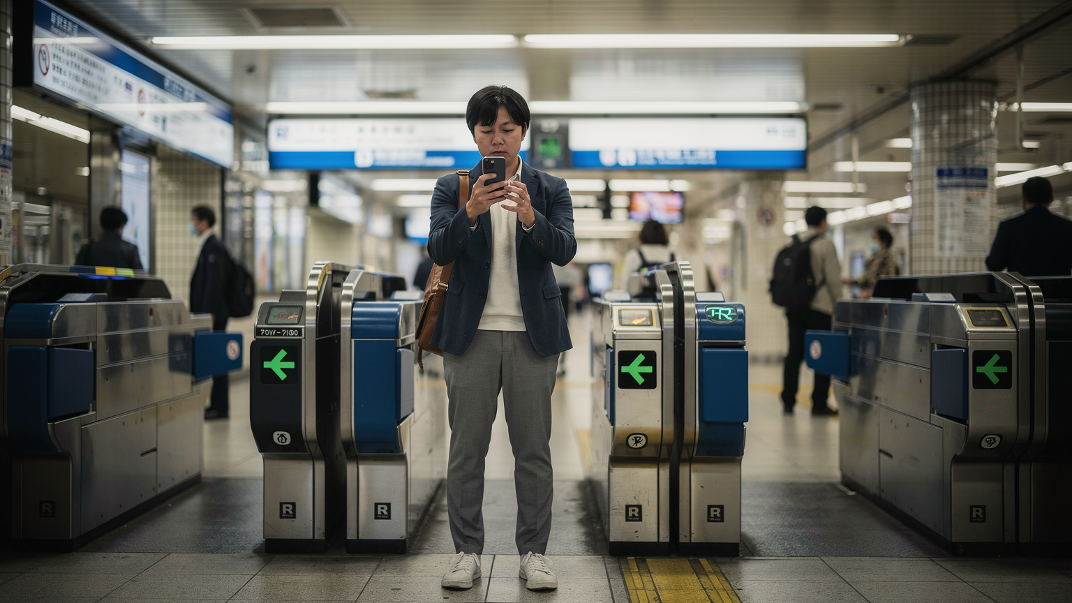 A person standing at a ticket barrier in a Tokyo subway station, looking intently at their smartphone, likely using a navigation app to find their platform on the complex JR line network.