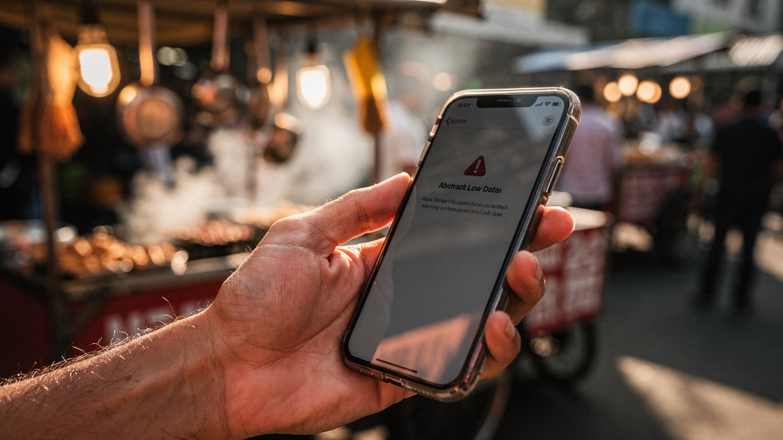 A close-up of a traveler's hand holding a smartphone showing a low data warning on the Cellesim app, with a blurred Jakarta street food stall in the background.
