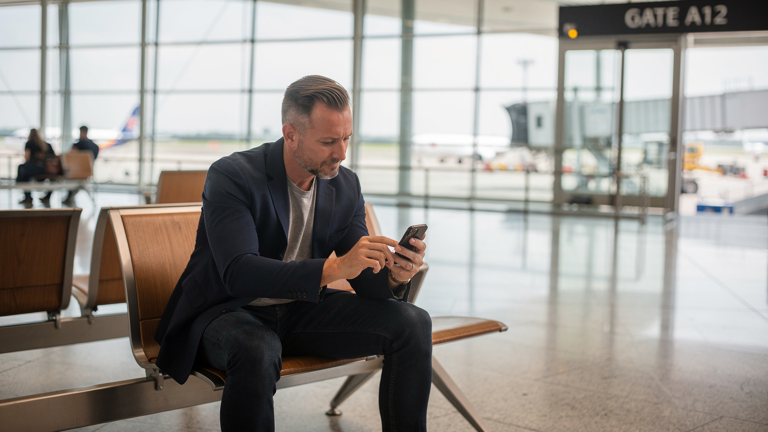 Ein Reisender am Flughafen Berlin Brandenburg, der auf seinem iPhone 11 eSIM-Profile verwaltet, während er auf seinen Flug wartet. Die Wartehalle ist modern und hell.