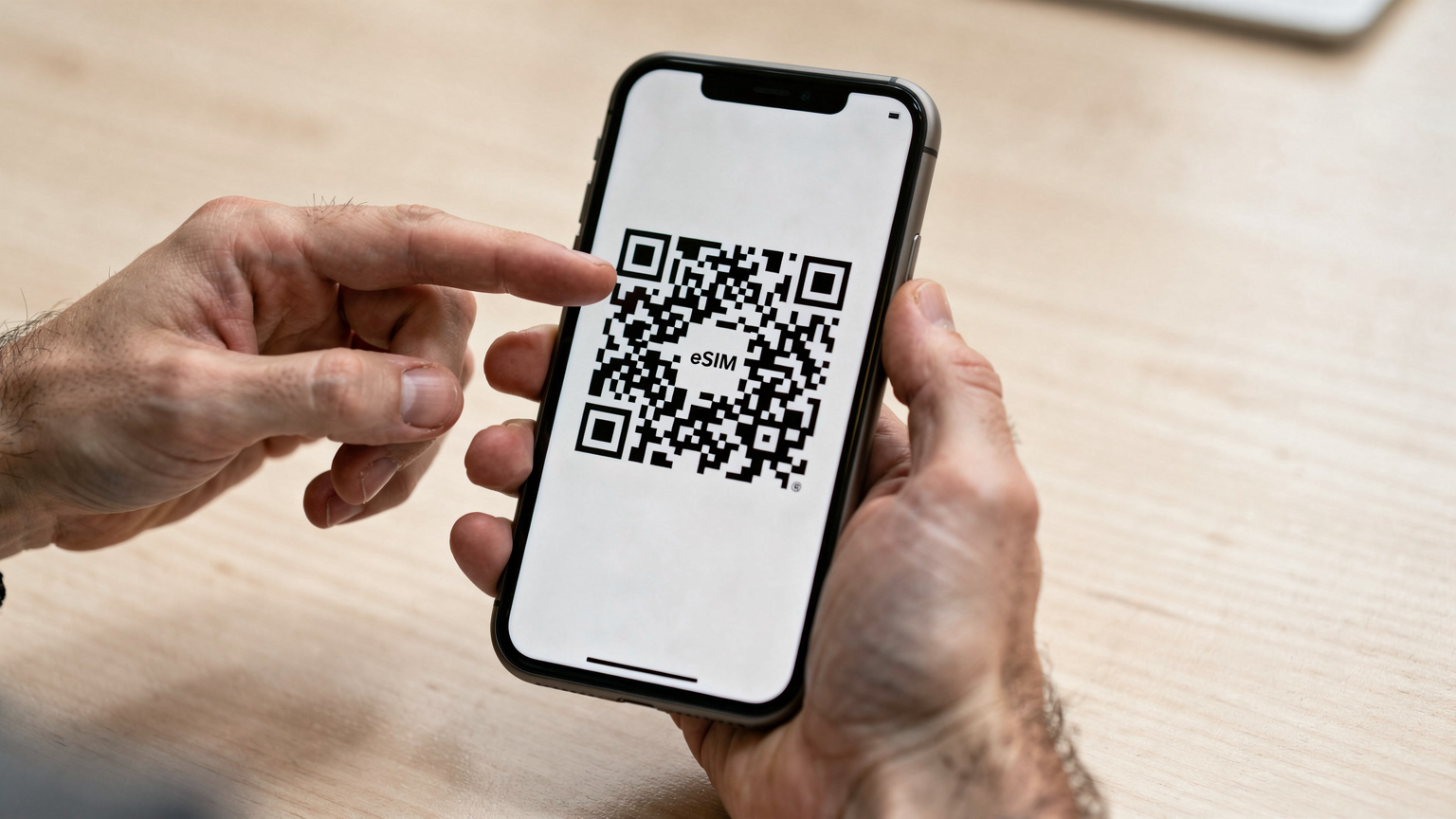 Nahaufnahme von Händen, die ein iPhone 11 halten, während der Bildschirm einen QR-Code für die eSIM-Aktivierung zeigt. Der Hintergrund ist leicht unscharf und zeigt eine Schreibtischoberfläche.