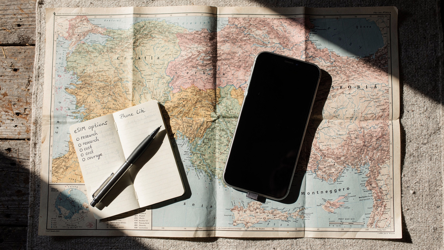 Ein iPhone 11, das auf einer Landkarte des Balkans liegt, mit einem Notizbuch und einem Stift daneben, als ob jemand seine Reise plant und eSIM-Optionen recherchiert. Natürliches Licht.