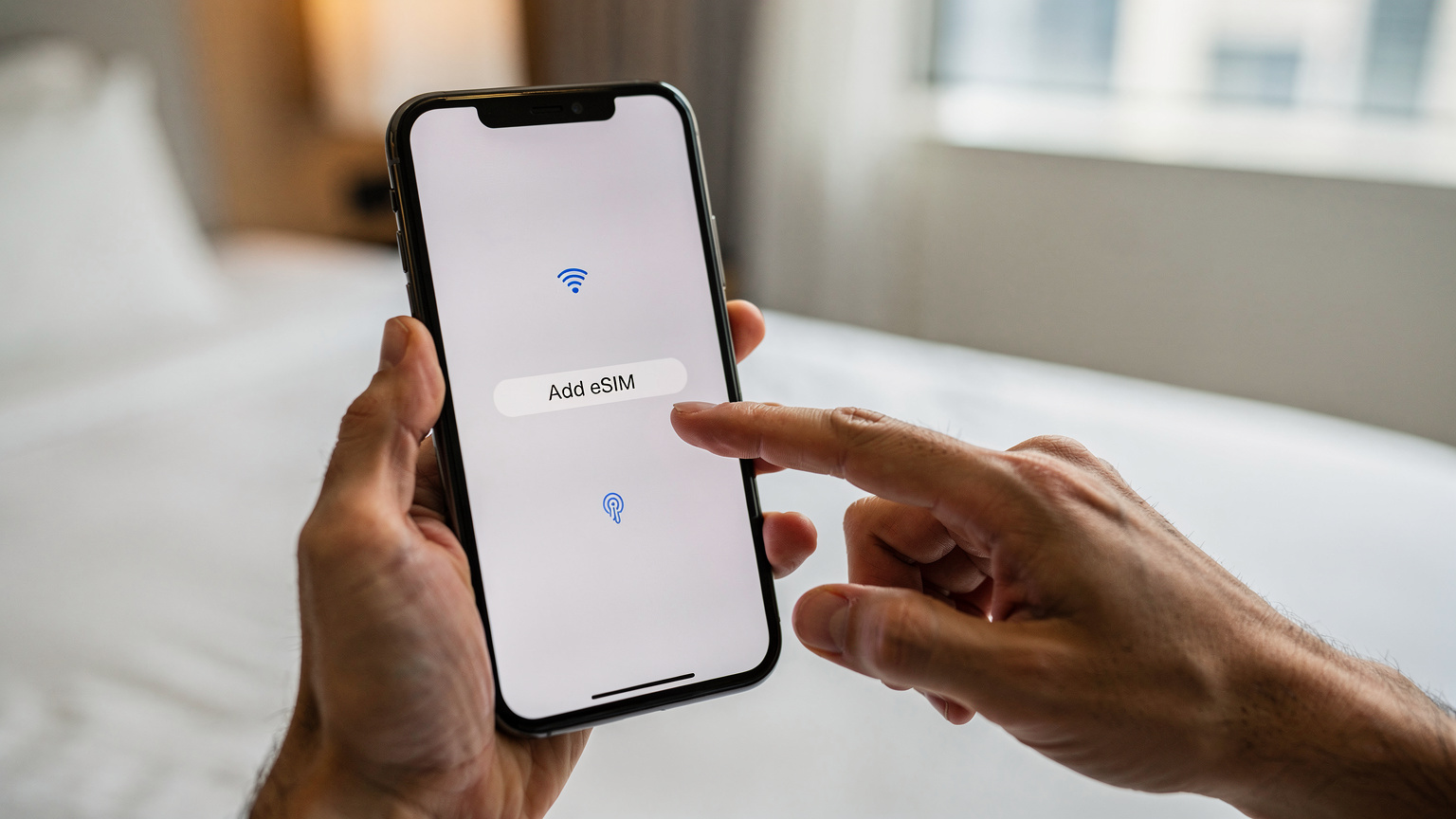 Ένα χέρι κρατά ένα smartphone με την οθόνη να εμφανίζει τις ρυθμίσεις δικτύου, ενώ ένα άλλο χέρι δείχνει προς την επιλογή “Προσθήκη eSIM”, σε ένα φωτεινό, μοντέρνο δωμάτιο ξενοδοχείου στο Χονγκ Κονγκ.