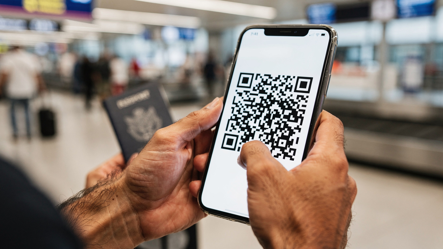 يد شخص عربي تحمل هاتفًا ذكيًا يعرض رمز QR ضوئيًا لتفعيل eSIM، مع خلفية غير واضحة لصالة وصول مطار أثينا الدولي المزدحم.
