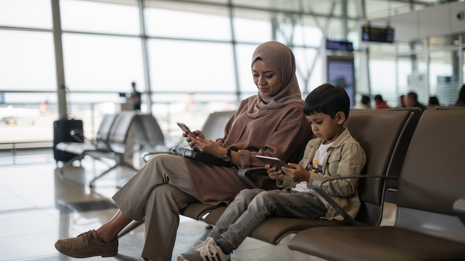 Seorang ibu Muslimah duduk di ruang menunggu Lapangan Terbang Antarabangsa Kuala Lumpur (KLIA), melihat telefonnya manakala anaknya leka bermain dengan tablet. Cahaya lembut dari tingkap menyinari mereka, menunjukkan suasana tenang.