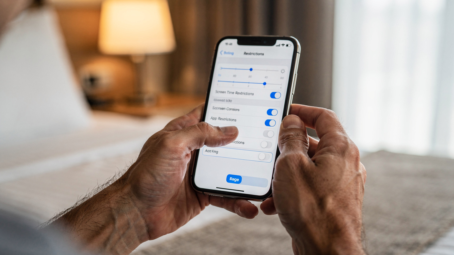A close-up shot of a parent's hands expertly navigating the settings menu on an iPhone, setting screen time limits for a child's device, with a blurred background of a hotel room.