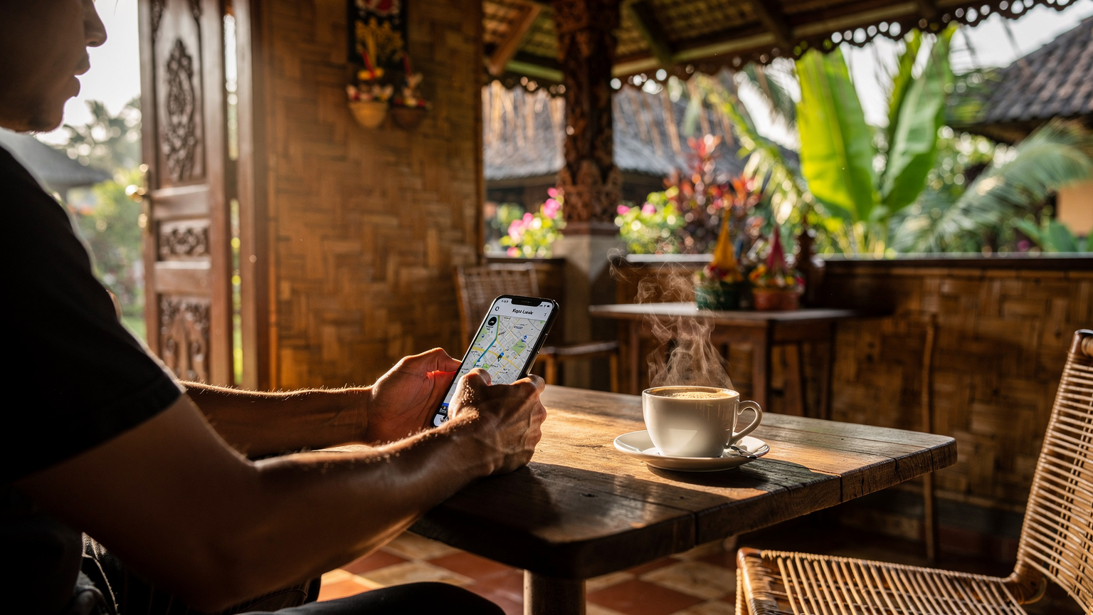 En reisende sitter ved en tradisjonell balinesisk kaffebar i Ubud, sjekker et kart på telefonen sin, med en kopp Kopi Luwak ved siden av. Det er morgen, og mykt lys strømmer inn fra en åpen dør.