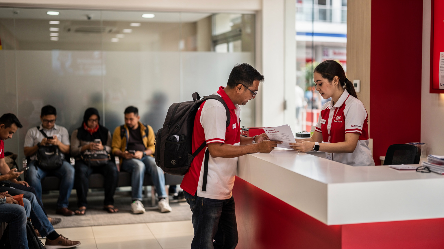 En travel Telkomsel Grapari-butikk i Jakarta, med lokale kunder som venter på hjelp, og en ansatt som veileder en turist ved skranken. Det er tidlig ettermiddag og butikken er godt opplyst.
