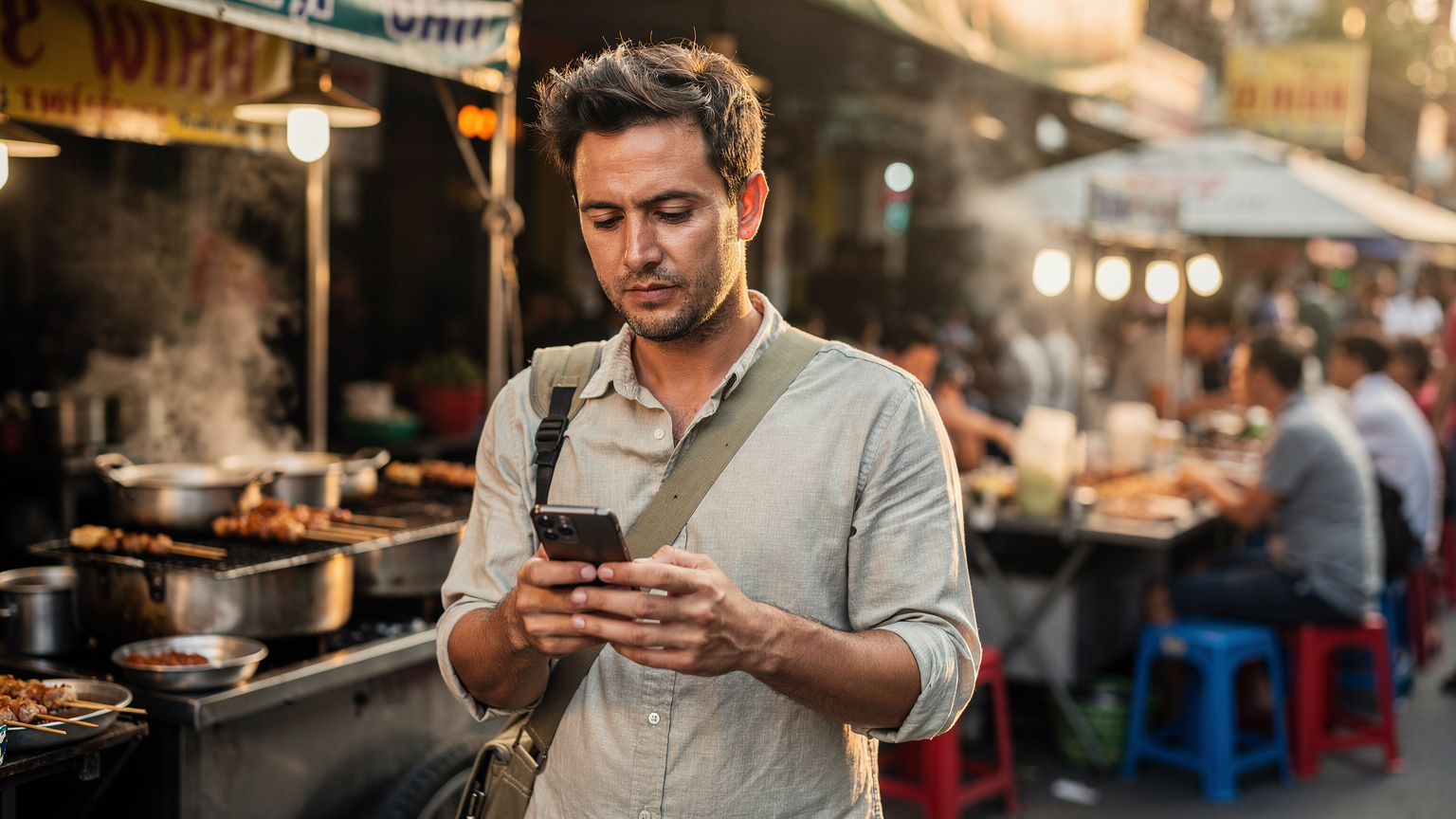 Un viaggiatore guarda il suo smartphone in un mercato affollato di Hanoi, confrontando i piani eSIM, con bancarelle di street food in secondo piano.