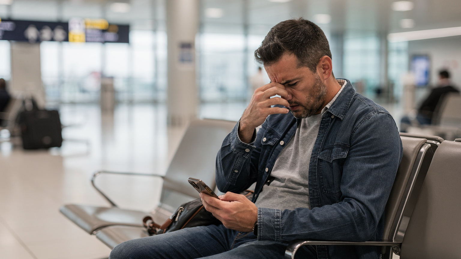 Un viaggiatore frustrato, seduto su una panchina all'aeroporto di Fiumicino, guarda il suo telefono con un'espressione confusa, simboleggiando un problema di connettività.