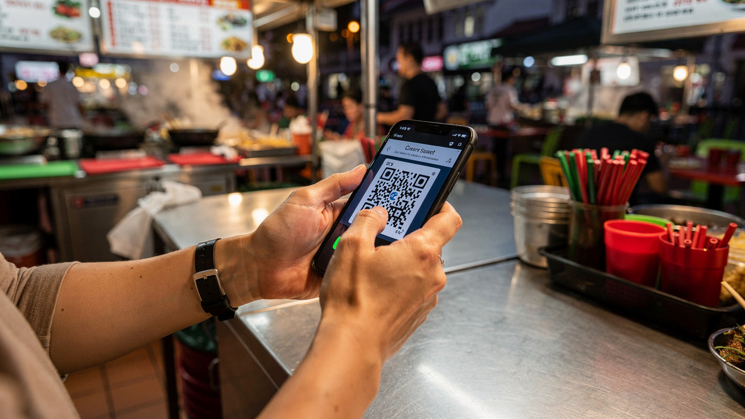 シンガポールの屋台街、ホーカーセンターで、スマートフォンでQRコード決済をしている日本人旅行者の手元を写した写真。背景には活気ある屋台がぼかして写っている。