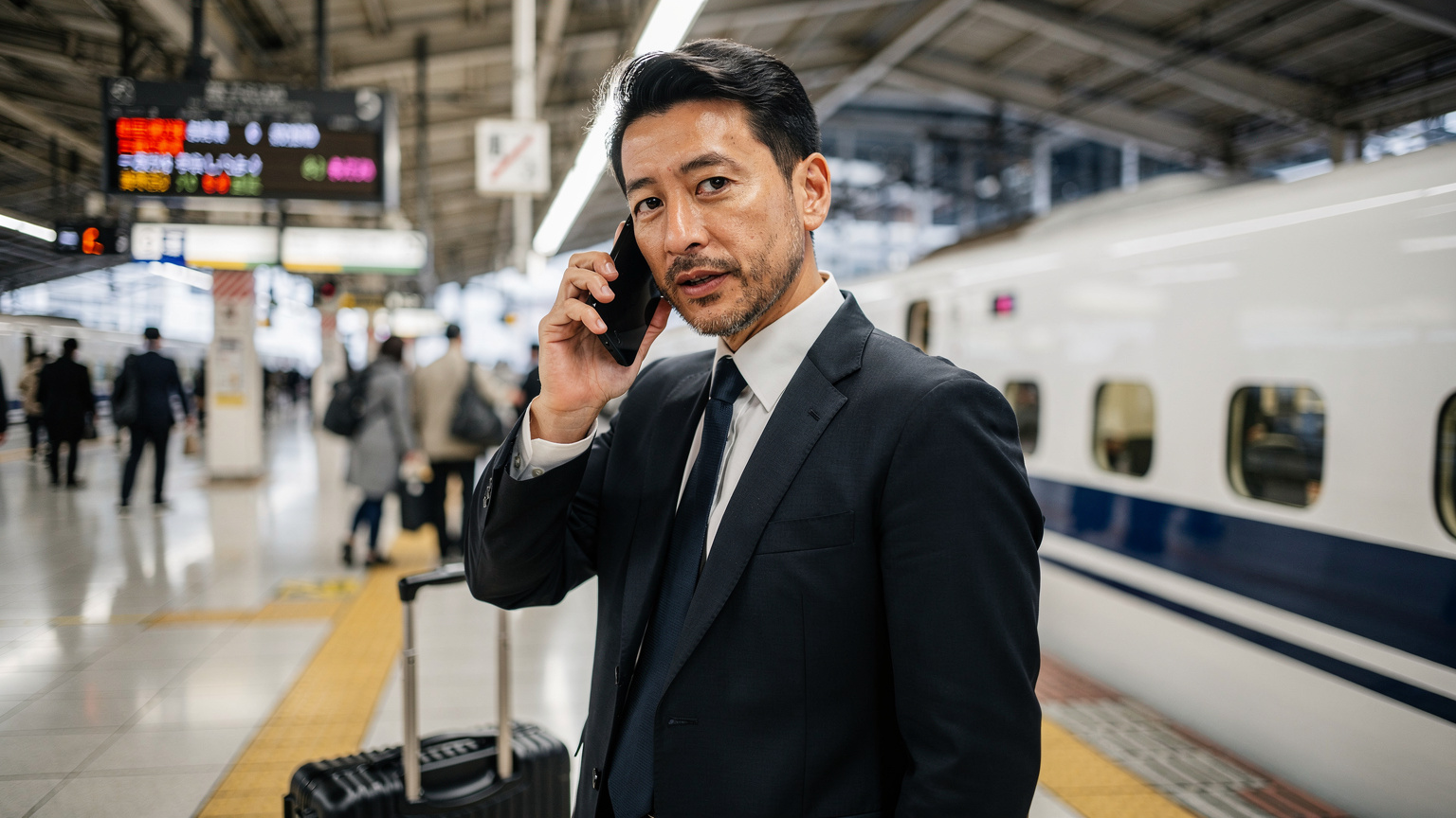 東京駅の新幹線ホームで、スーツケースを傍らに置き、スマートフォンでLINE通話をしているビジネスマンのクローズアップ。周りには行き交う人々がぼかして写っている。
