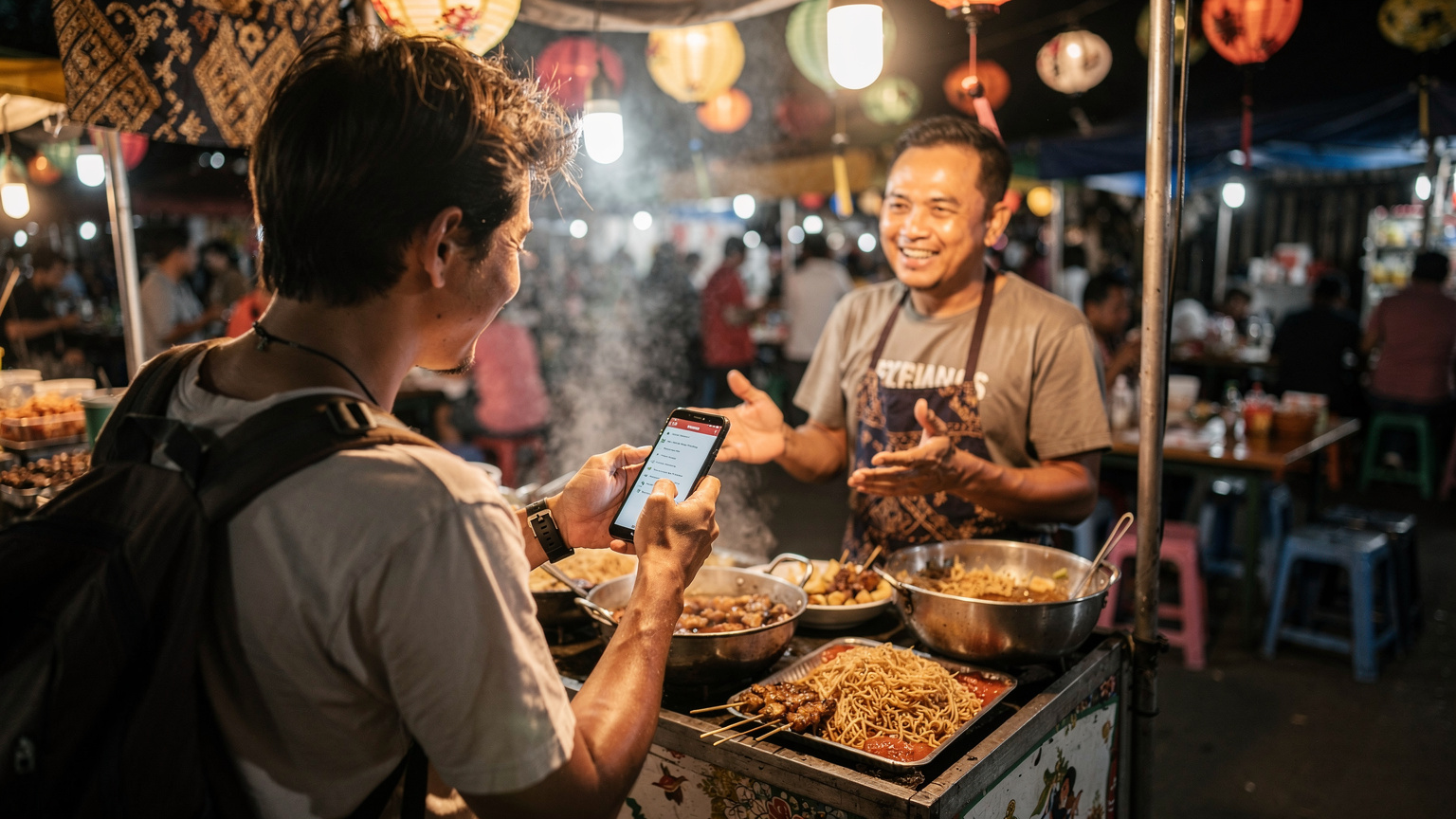 A traveler, seen from behind, interacts with a street food vendor at a vibrant night market in Yogyakarta, Indonesia, holding their phone to translate, surrounded by steam and colorful food stalls.