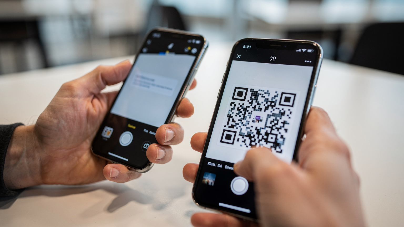Close-up shot of a traveler's hands in a modern, brightly lit airport lounge, holding an iPhone with an eSIM QR code displayed on a separate device, ready for scanning.