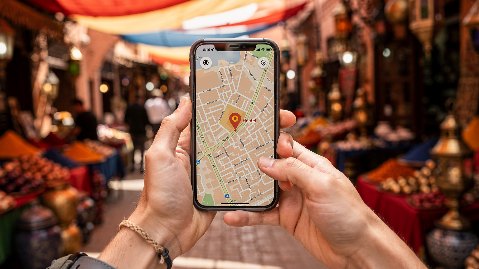 Ręce trzymające smartfon, na ekranie którego widać mapę Marrakeszu z zaznaczoną lokalizacją hostelu, podczas gdy w tle rozmazane są barwne stragany suków.