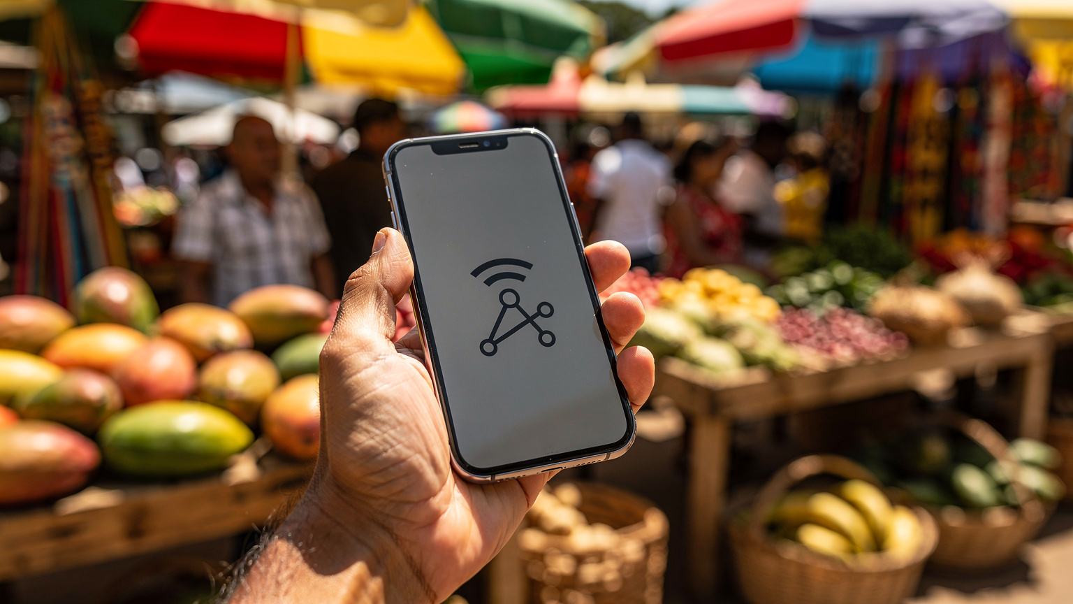 Close-up van een hand die een smartphone vasthoudt met een onduidelijk signaalpictogram, tegen de achtergrond van een levendige, kleurrijke markt in Paramaribo met lokale producten.