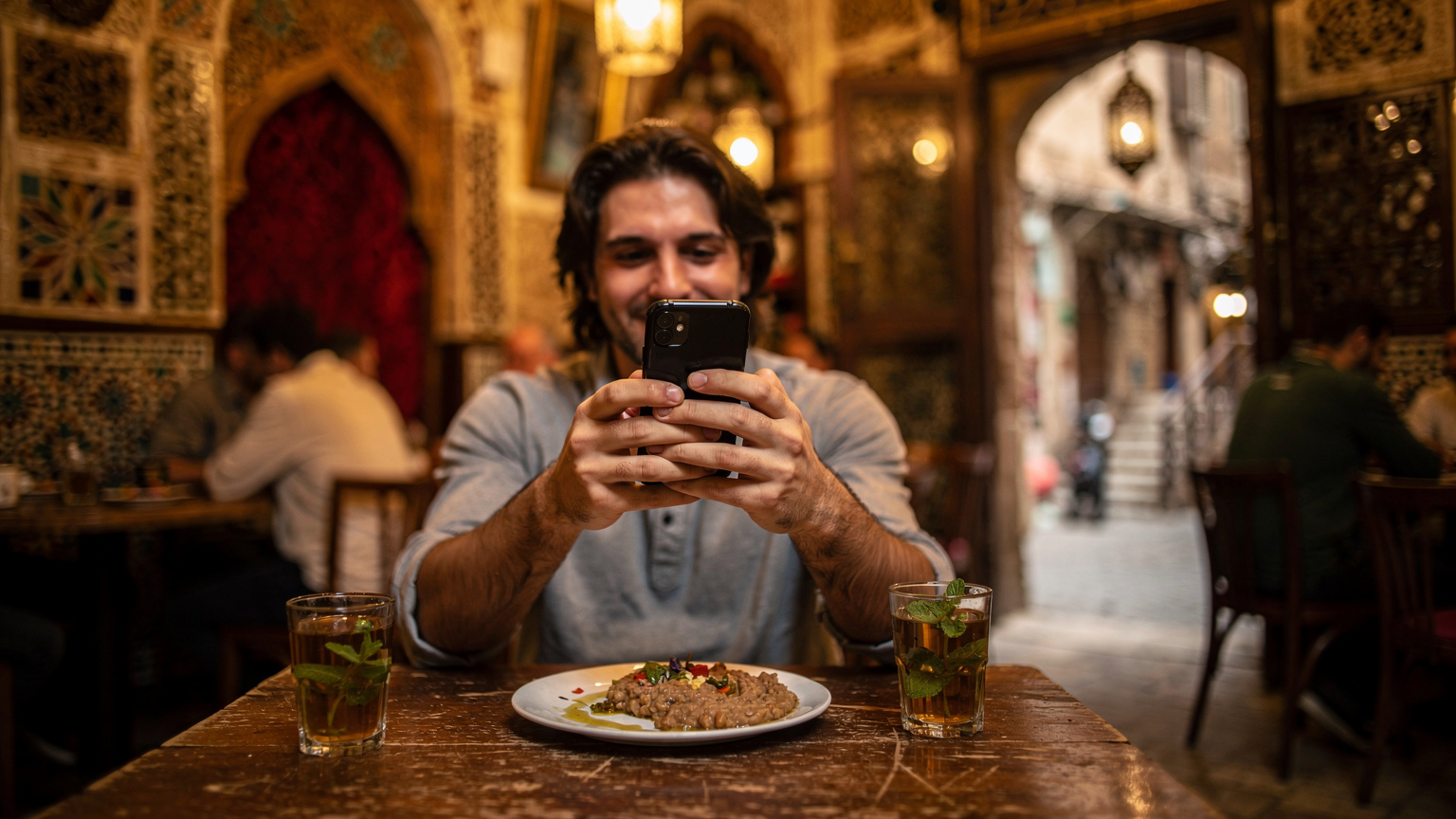 Un homme tenant un smartphone dans sa main, affichant l'application Google Traduction, tout en étant assis dans un café animé au Caire, avec des tasses de thé et un plat de 'ful medames' sur la table devant lui.
