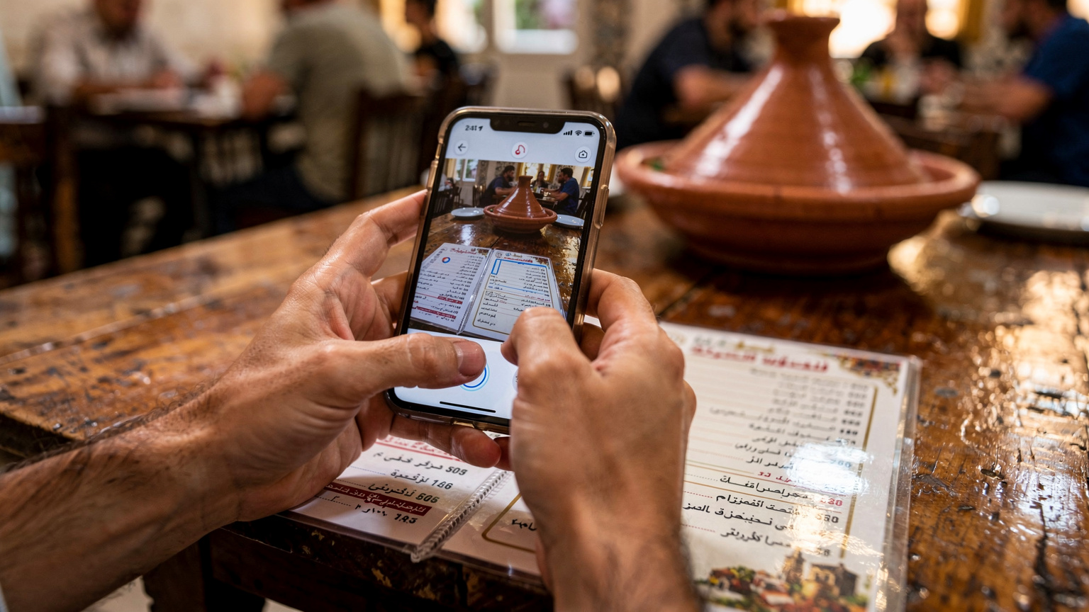 Un gros plan sur des mains tenant un smartphone et pointant la caméra vers un menu de restaurant arabe traditionnel, le mode traduction de Google Traduction étant actif.