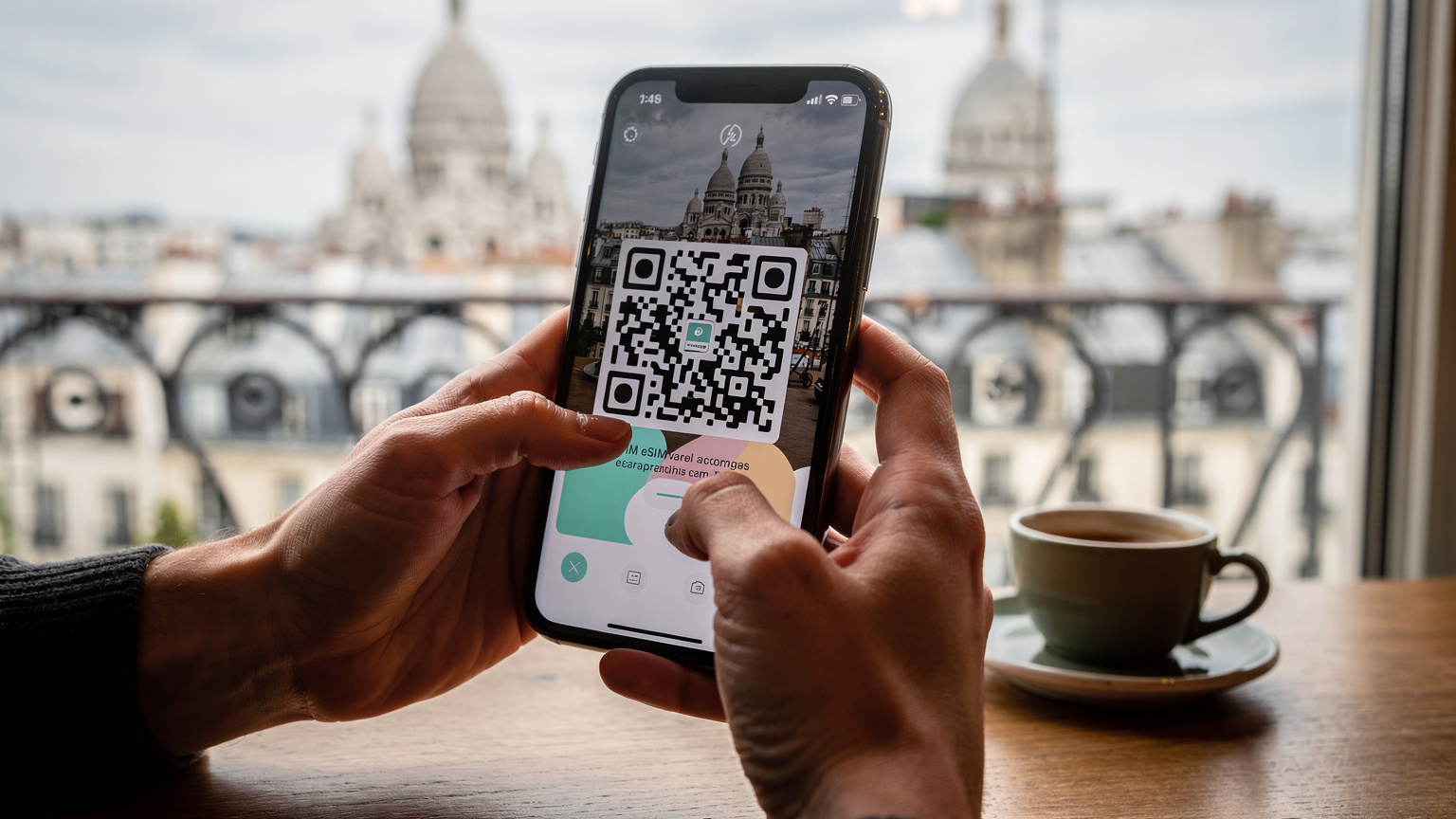 Bir seyahat blog yazarının elleri, bir akıllı telefon ekranında eSIM kurulumu için QR kodunu tararken gösteriliyor. Arka planda, bulanık bir şekilde, Paris'teki Sacré-Cœur Bazilikası'nın çatılar arasında yükselen kubbesi görülüyor.