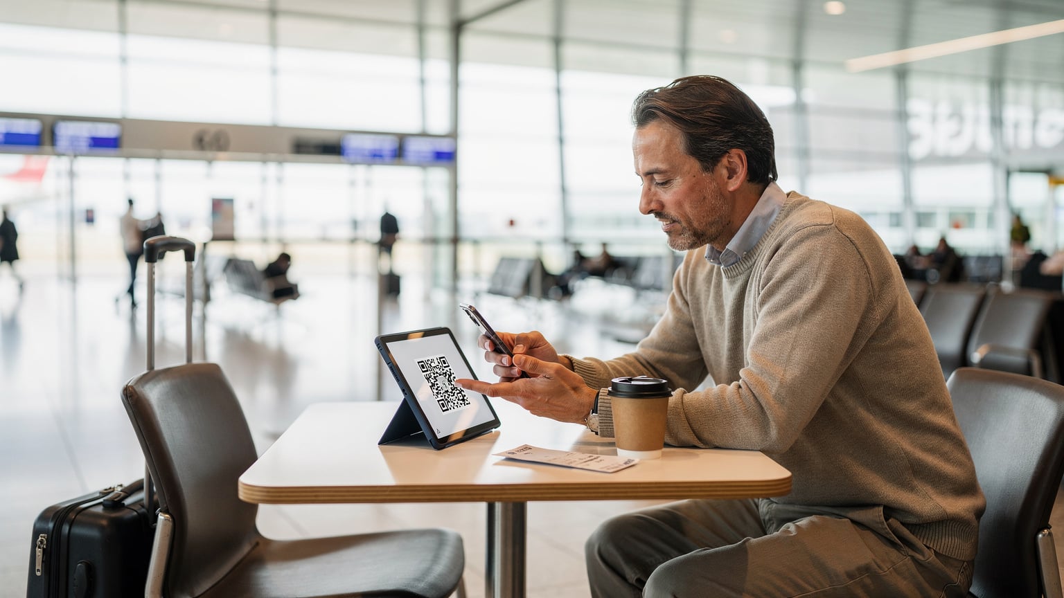 Ein Reisender am Flughafen Berlin Brandenburg, der auf seinen Flug wartet und auf einem kleinen Tablet mit einem QR-Code eine eSIM aktiviert, während im Hintergrund andere Passagiere und ein Flugsteig zu sehen sind.