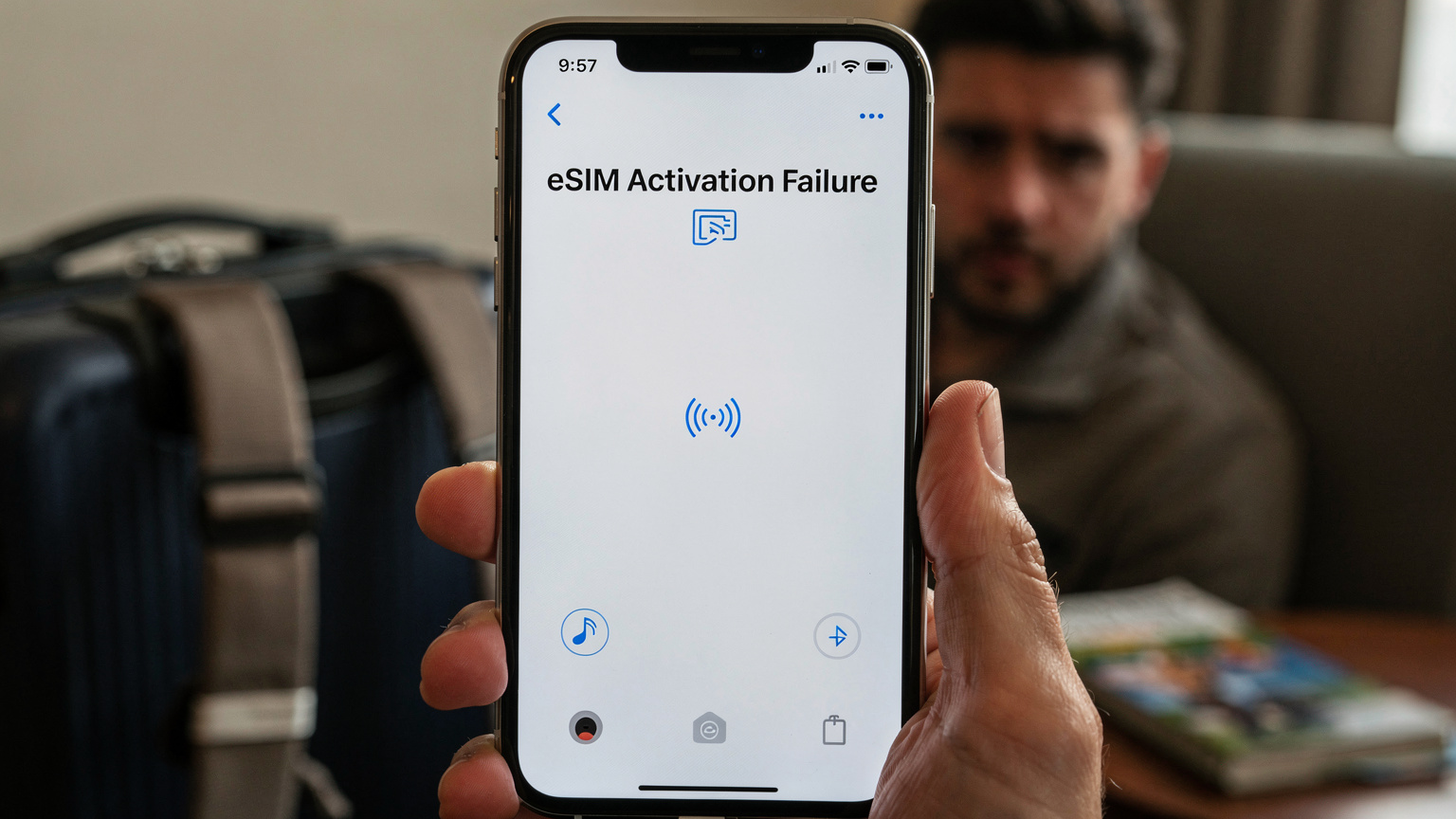 Eine Nahaufnahme eines Smartphone-Bildschirms, der eine Fehlermeldung bei der eSIM-Aktivierung anzeigt, mit einem leicht besorgten Gesicht im unscharfen Hintergrund, das typische Reisefrustration widerspiegelt.