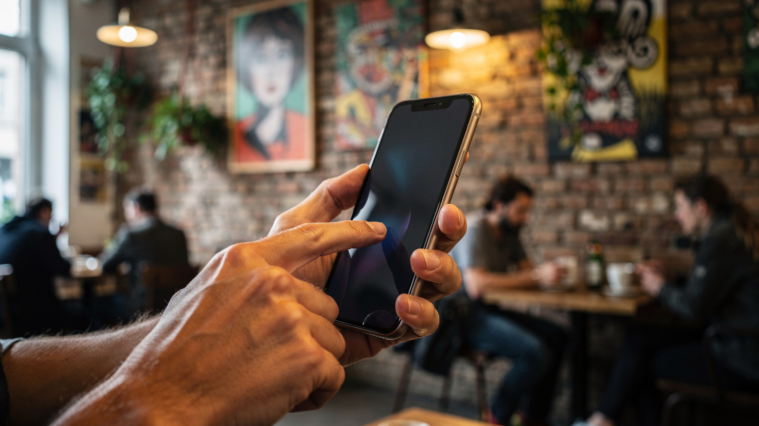 Nahaufnahme von Händen, die ein iPhone 11 halten, wobei ein Finger über den Bildschirm wischt, um eine Einstellung zu ändern. Im Hintergrund ist leicht verschwommen ein geschäftiges Café in Berlin-Kreuzberg zu erkennen.